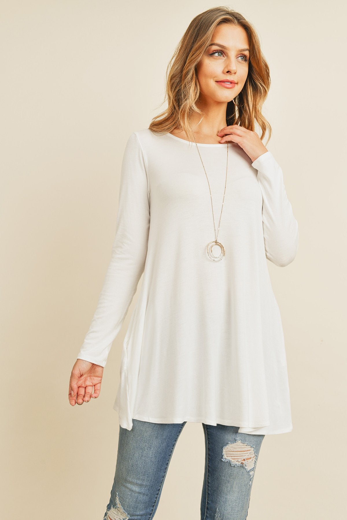 Solid Long Sleeve Top With Inseam Pocket