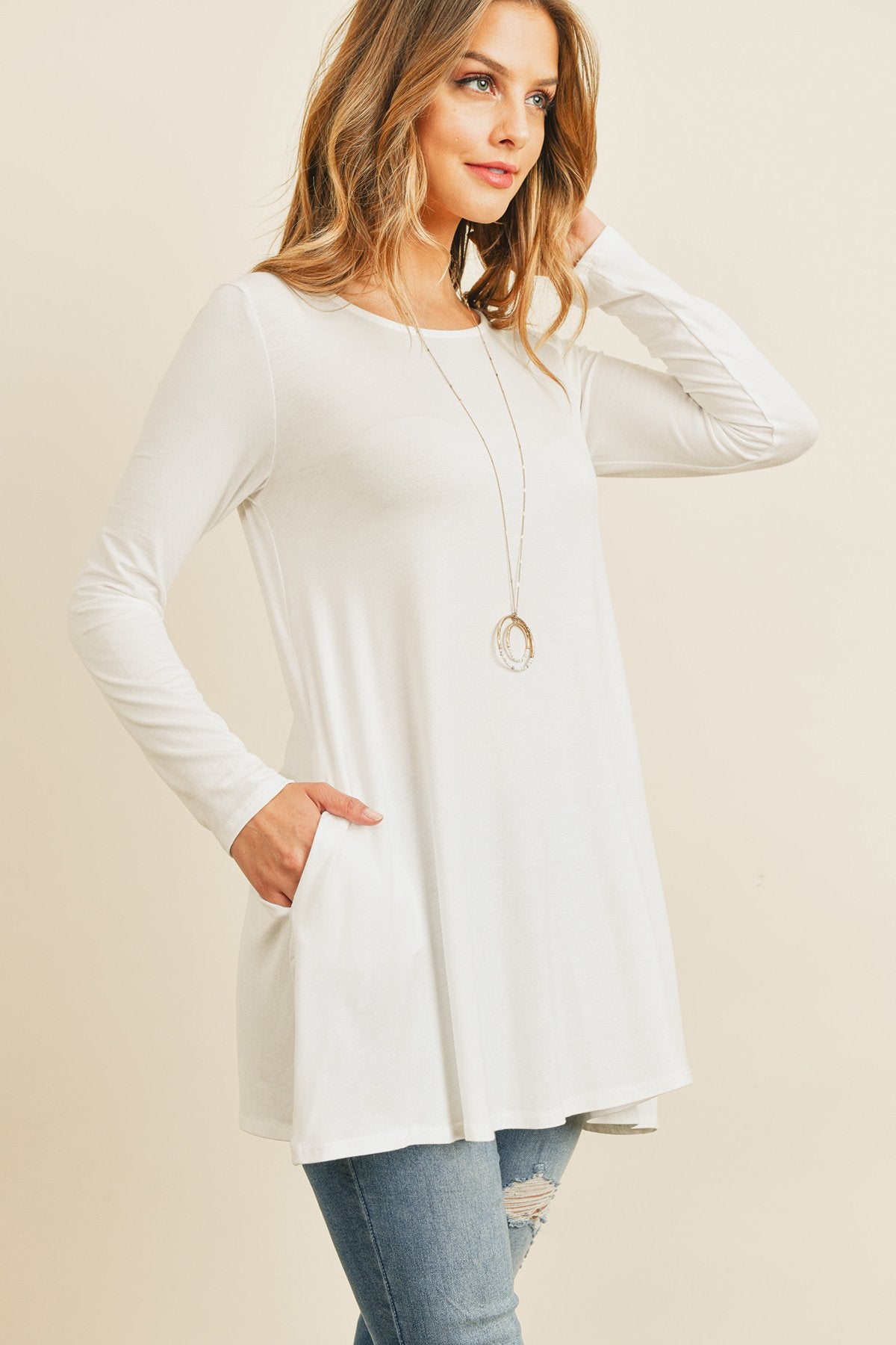 Solid Long Sleeve Top With Inseam Pocket