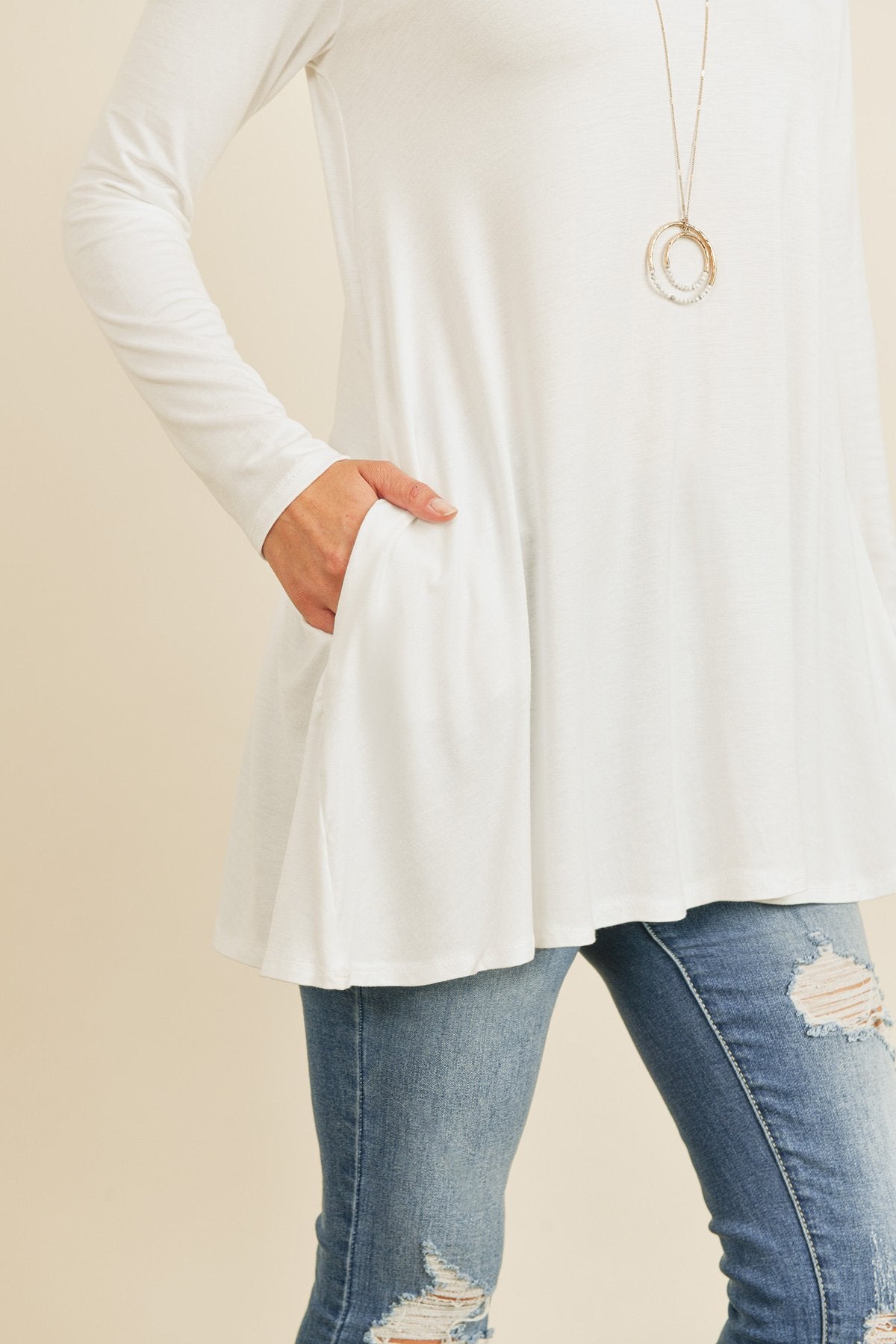 Solid Long Sleeve Top With Inseam Pocket