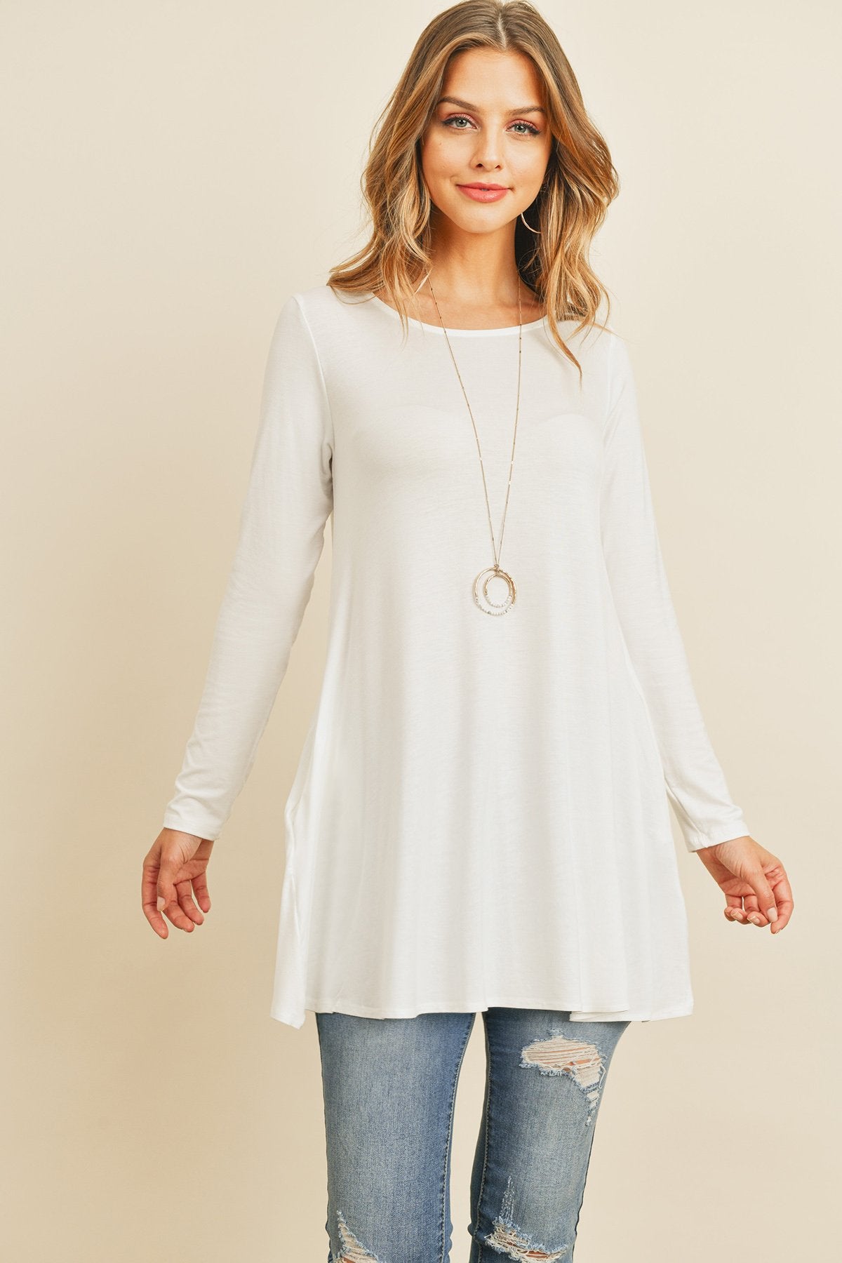 Solid Long Sleeve Top With Inseam Pocket