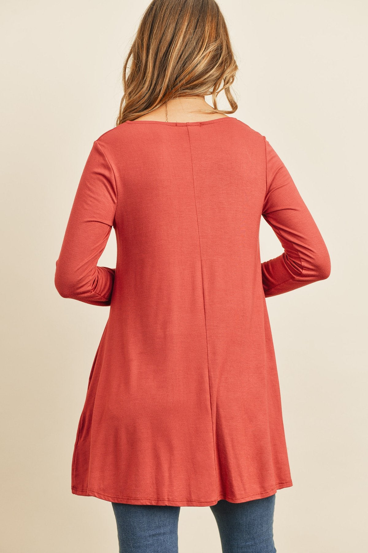 Solid Long Sleeve Top With Inseam Pocket