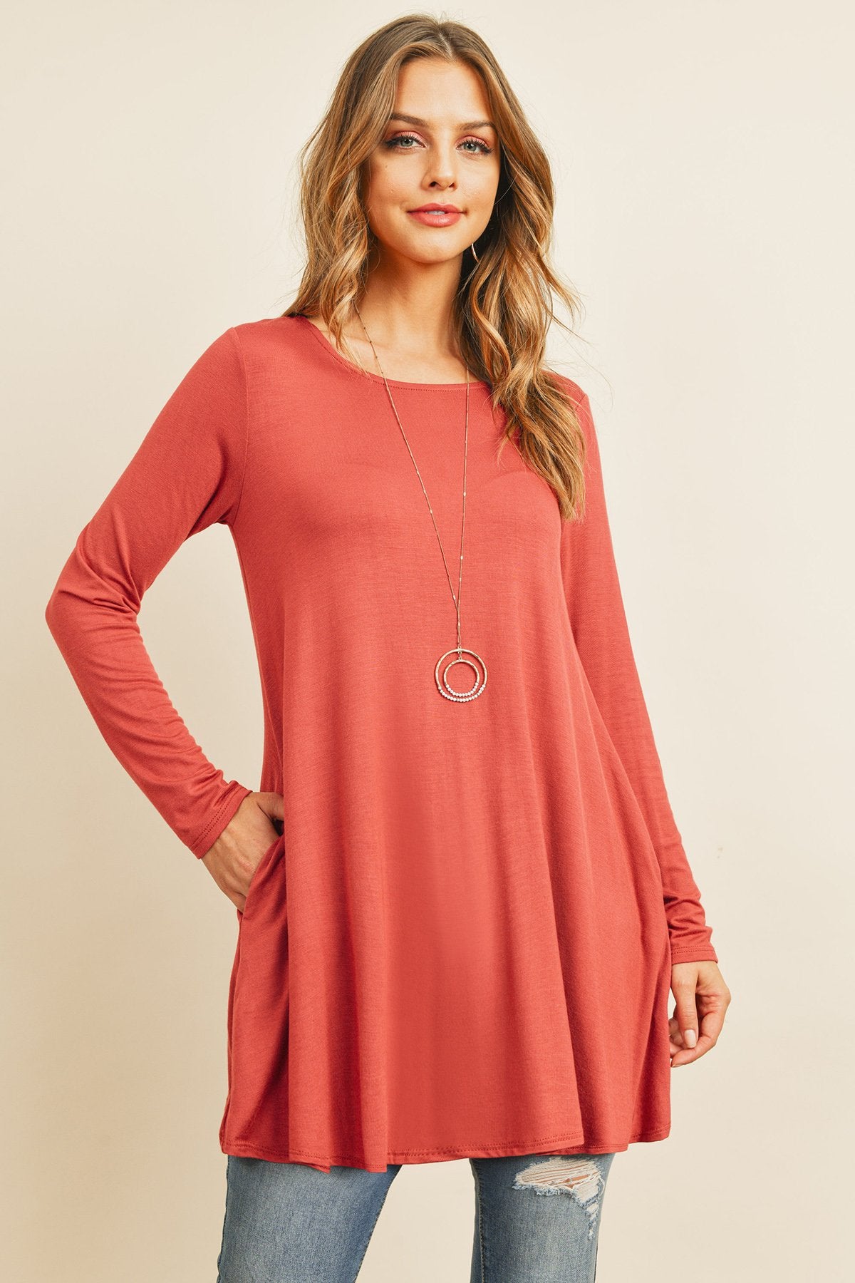 Solid Long Sleeve Top With Inseam Pocket