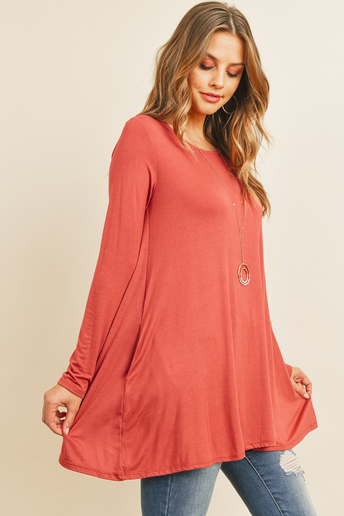 Solid Long Sleeve Top With Inseam Pocket