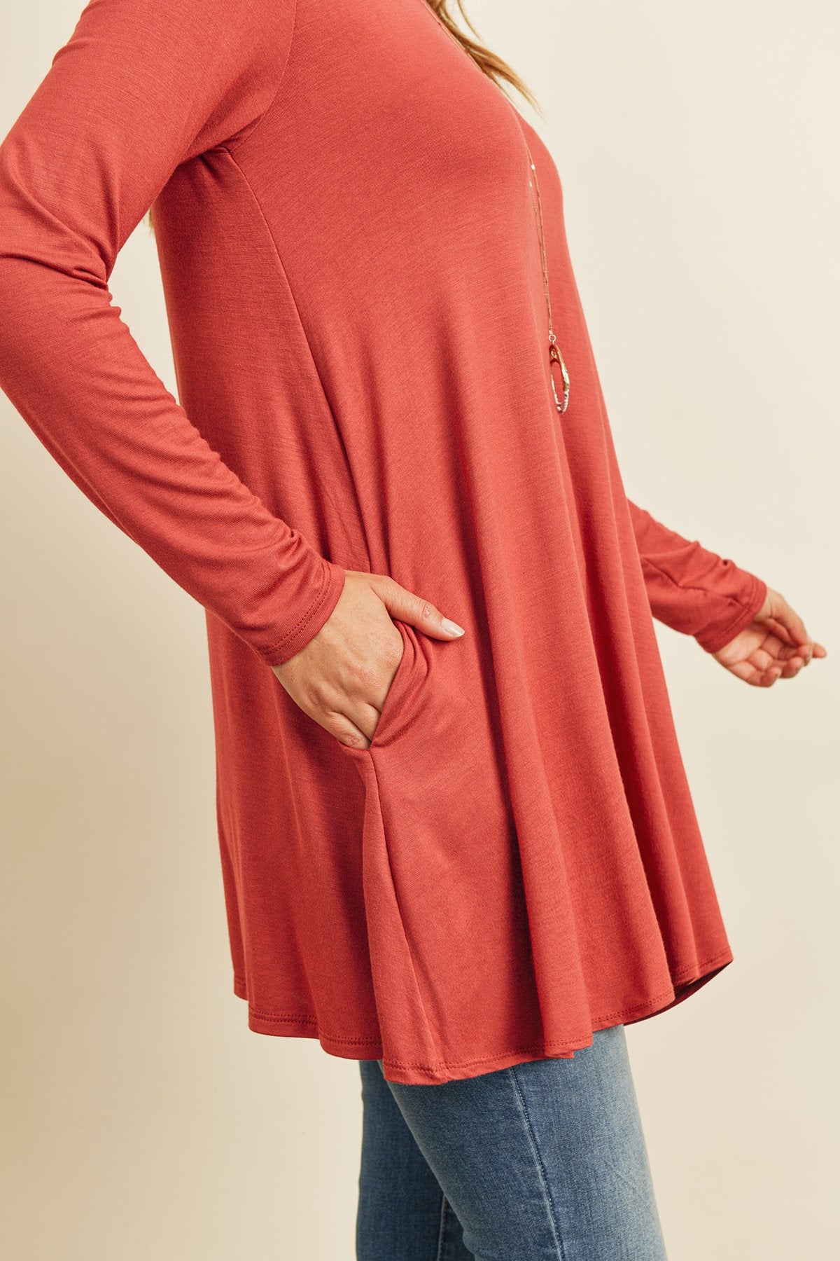 Solid Long Sleeve Top With Inseam Pocket