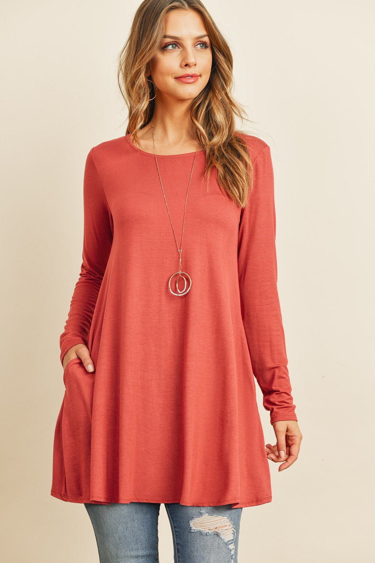 Solid Long Sleeve Top With Inseam Pocket