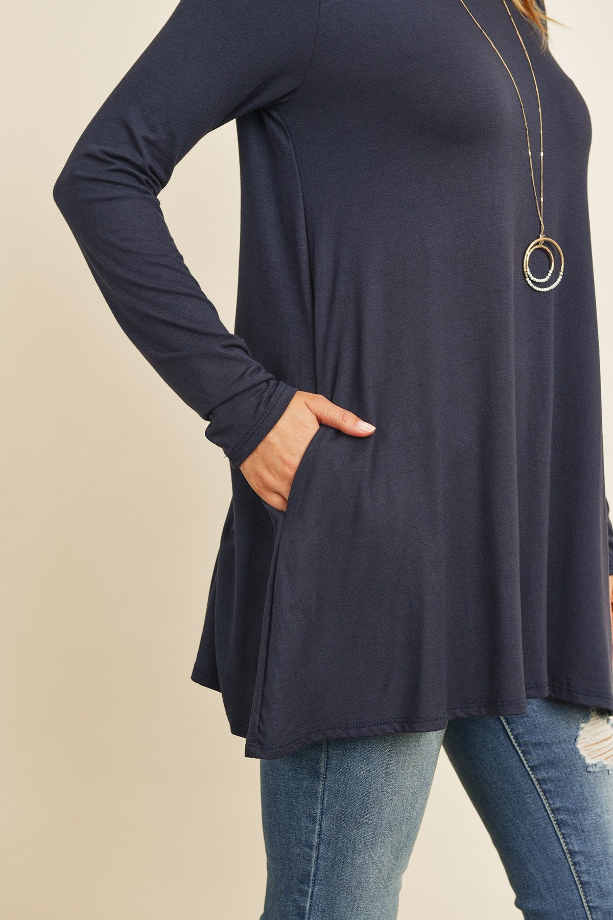 Solid Long Sleeve Top With Inseam Pocket