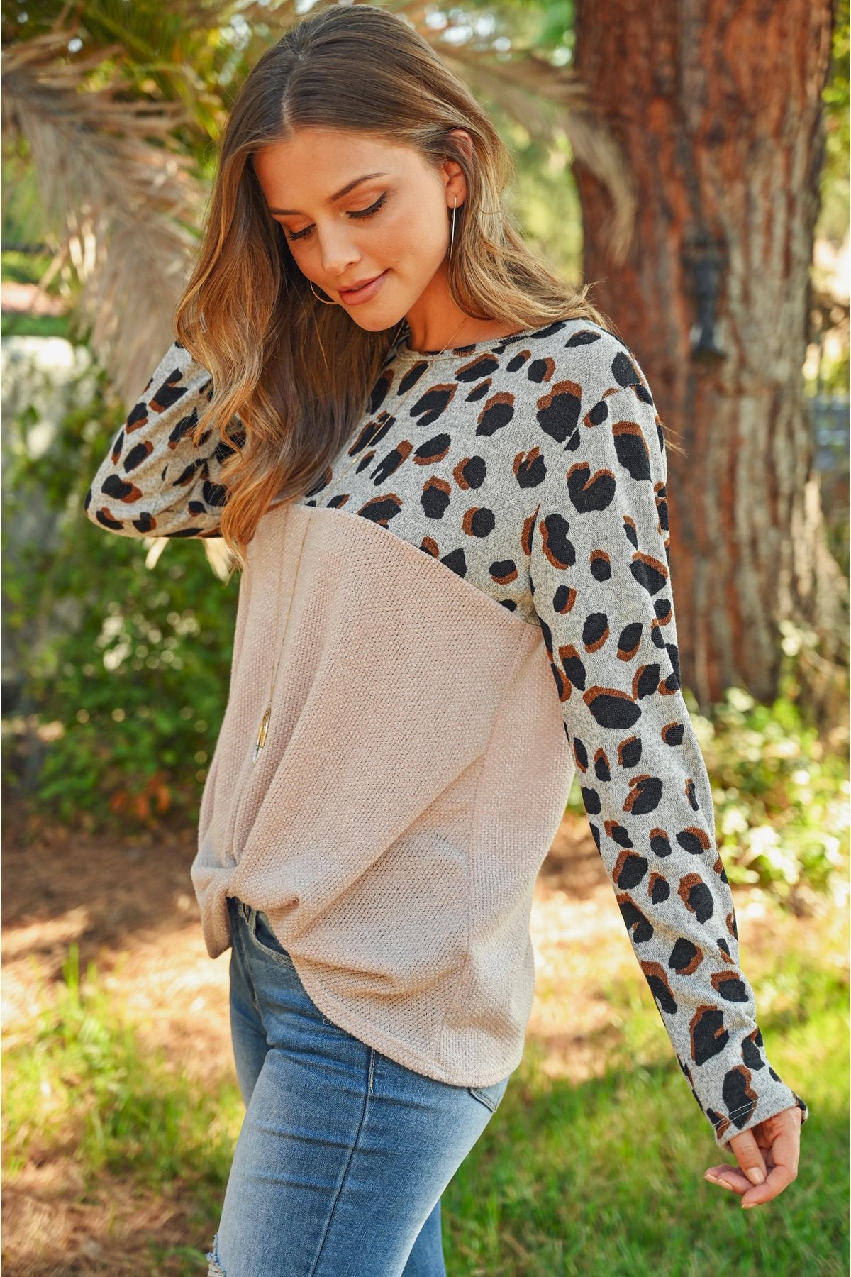 Leopard Long Sleeved Drake Contrast Knot Top