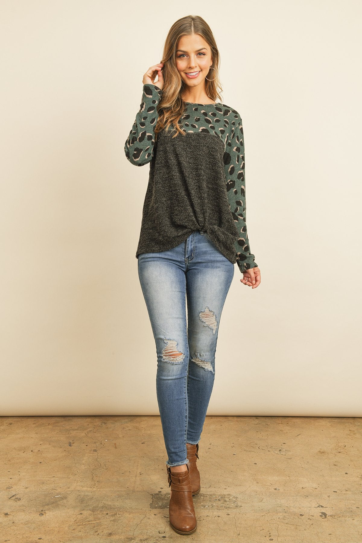 Leopard Long Sleeved Drake Contrast Knot Top