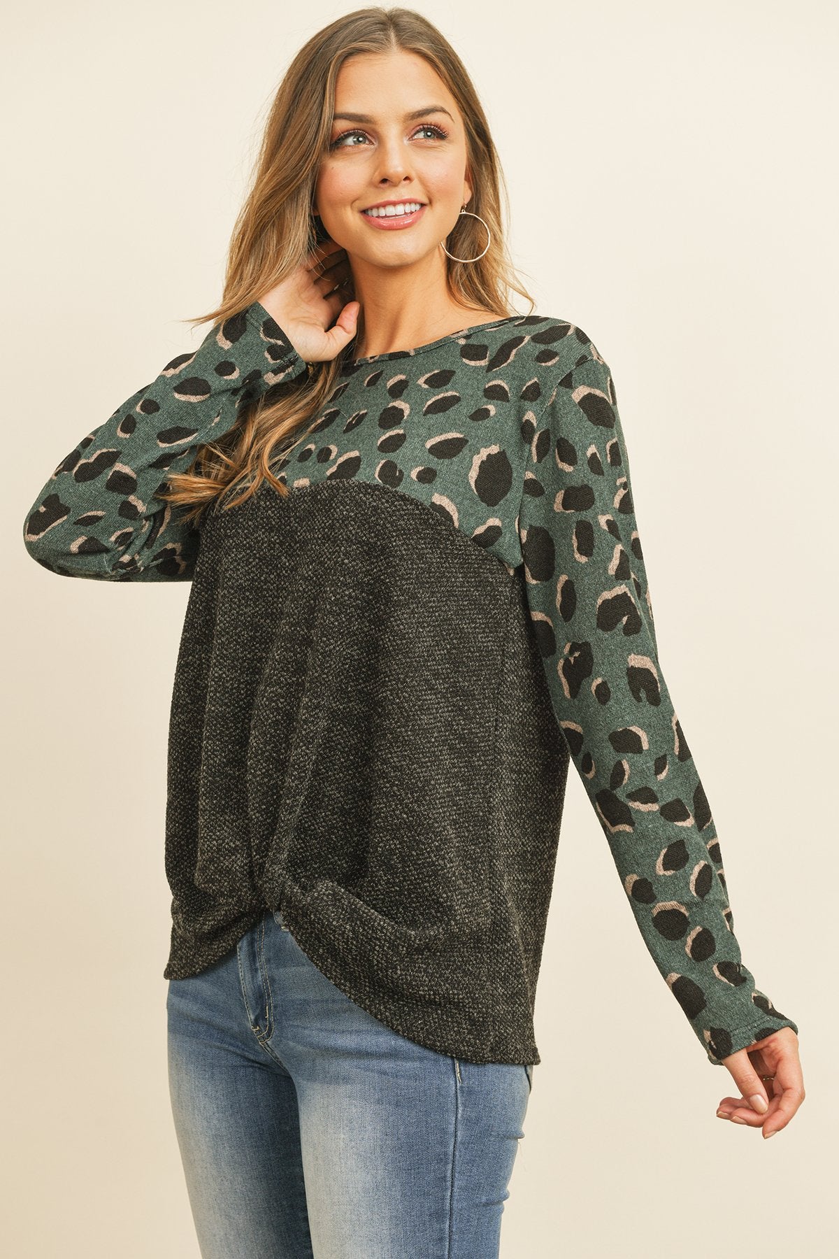 Leopard Long Sleeved Drake Contrast Knot Top