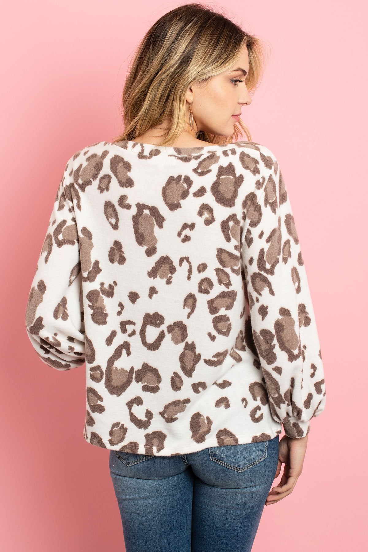 Leopard Brushed Hacci Puff Sleeved Boat Neck Top