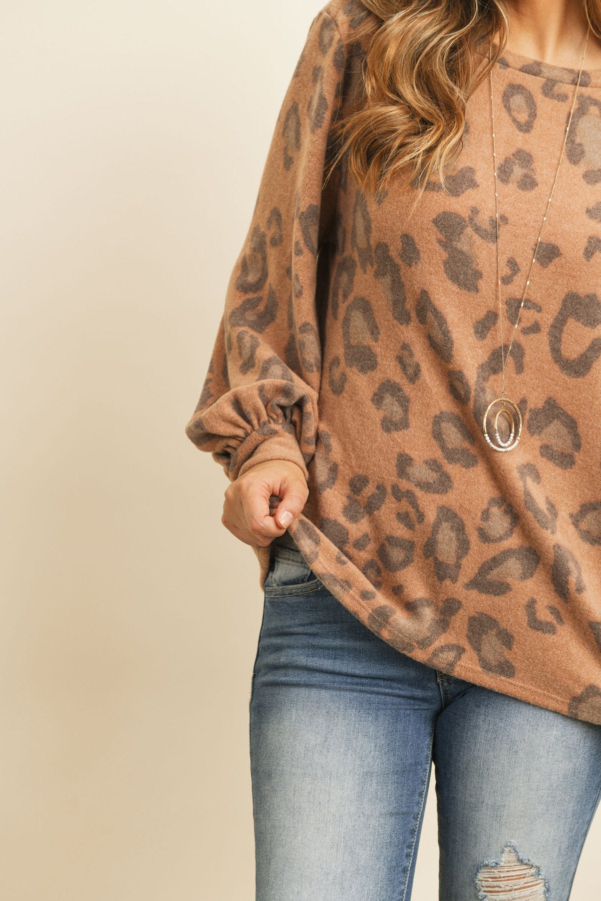 Leopard Brushed Hacci Puff Sleeved Boat Neck Top
