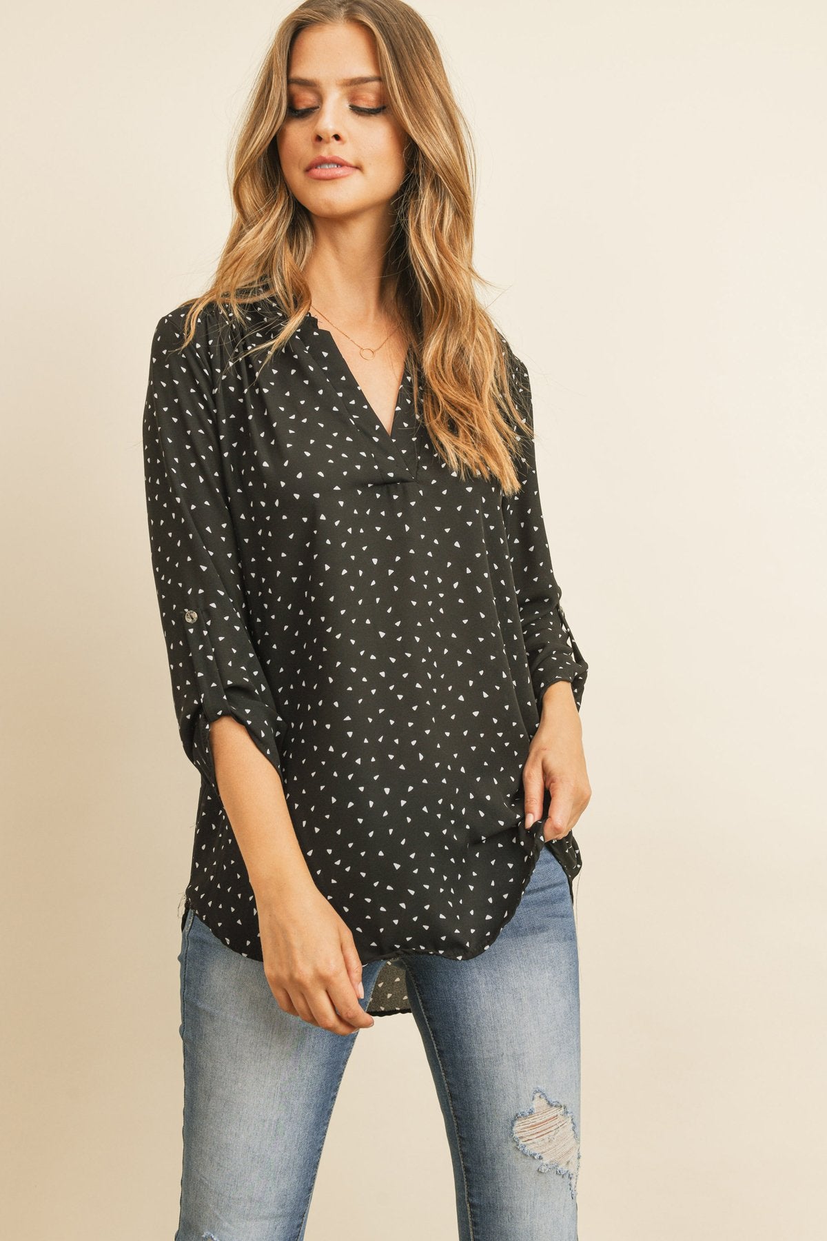 Tab Sleeve Triangle Print Blouse