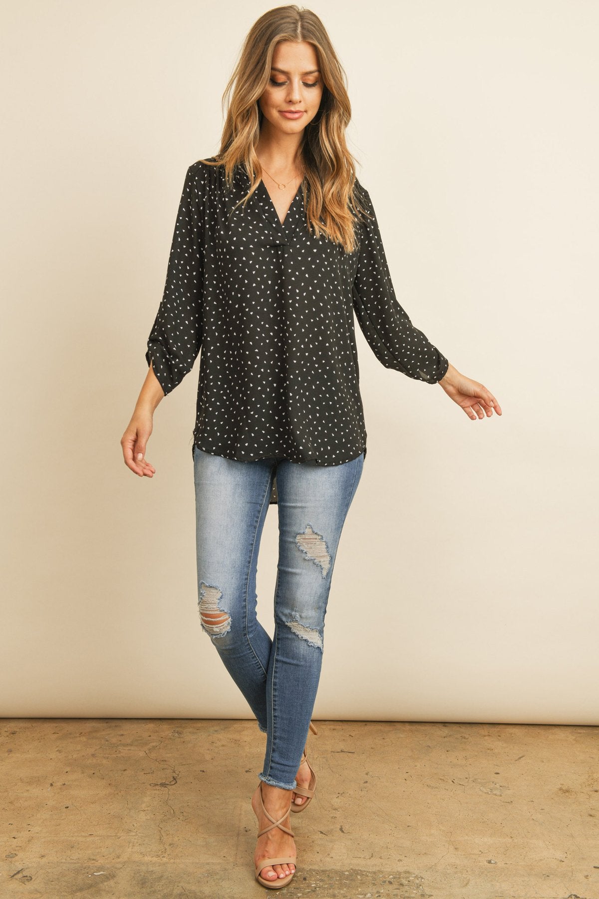 Tab Sleeve Triangle Print Blouse