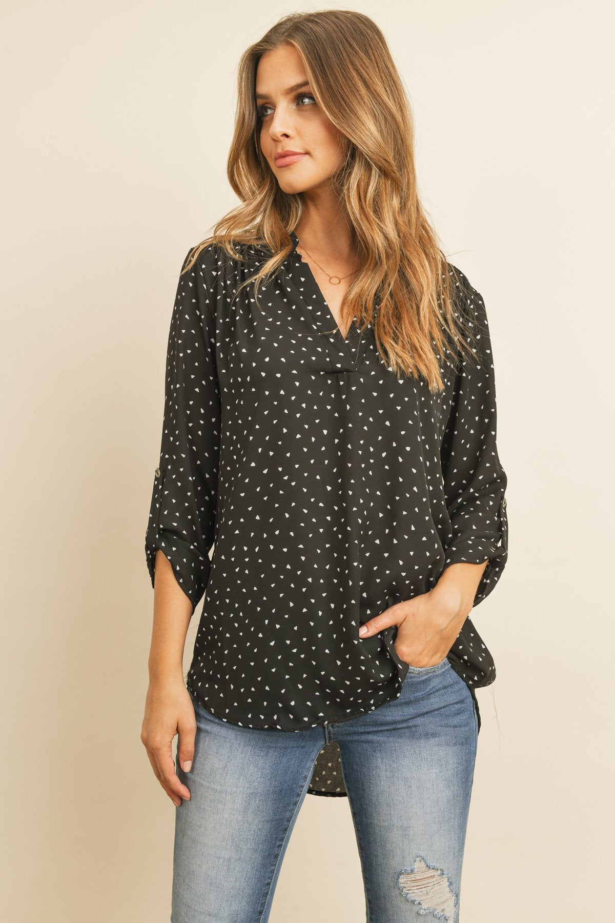Tab Sleeve Triangle Print Blouse