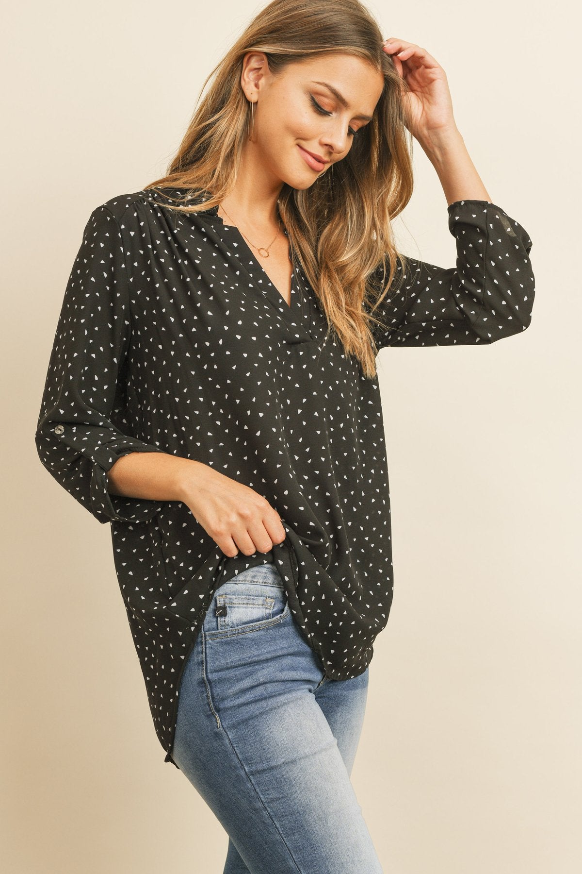 Tab Sleeve Triangle Print Blouse