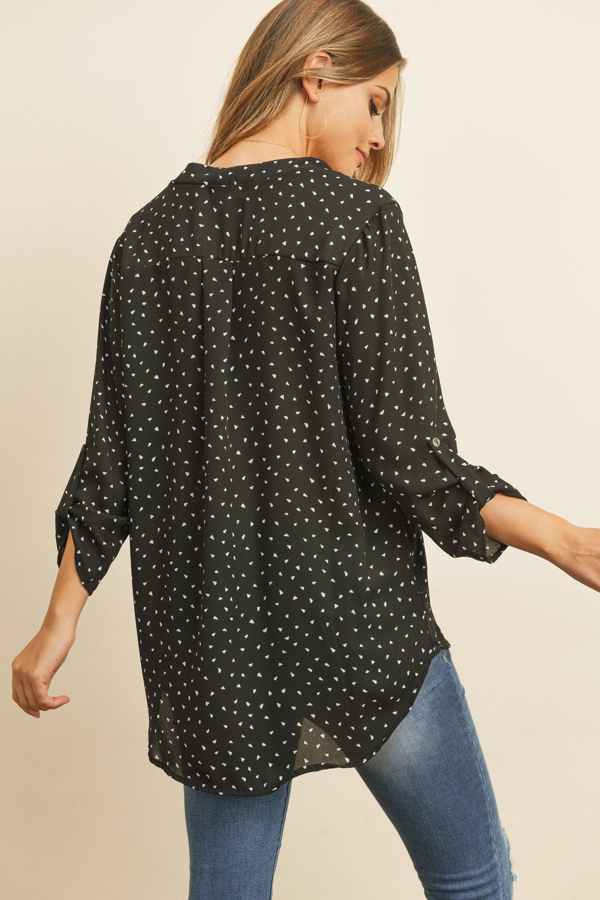 Tab Sleeve Triangle Print Blouse