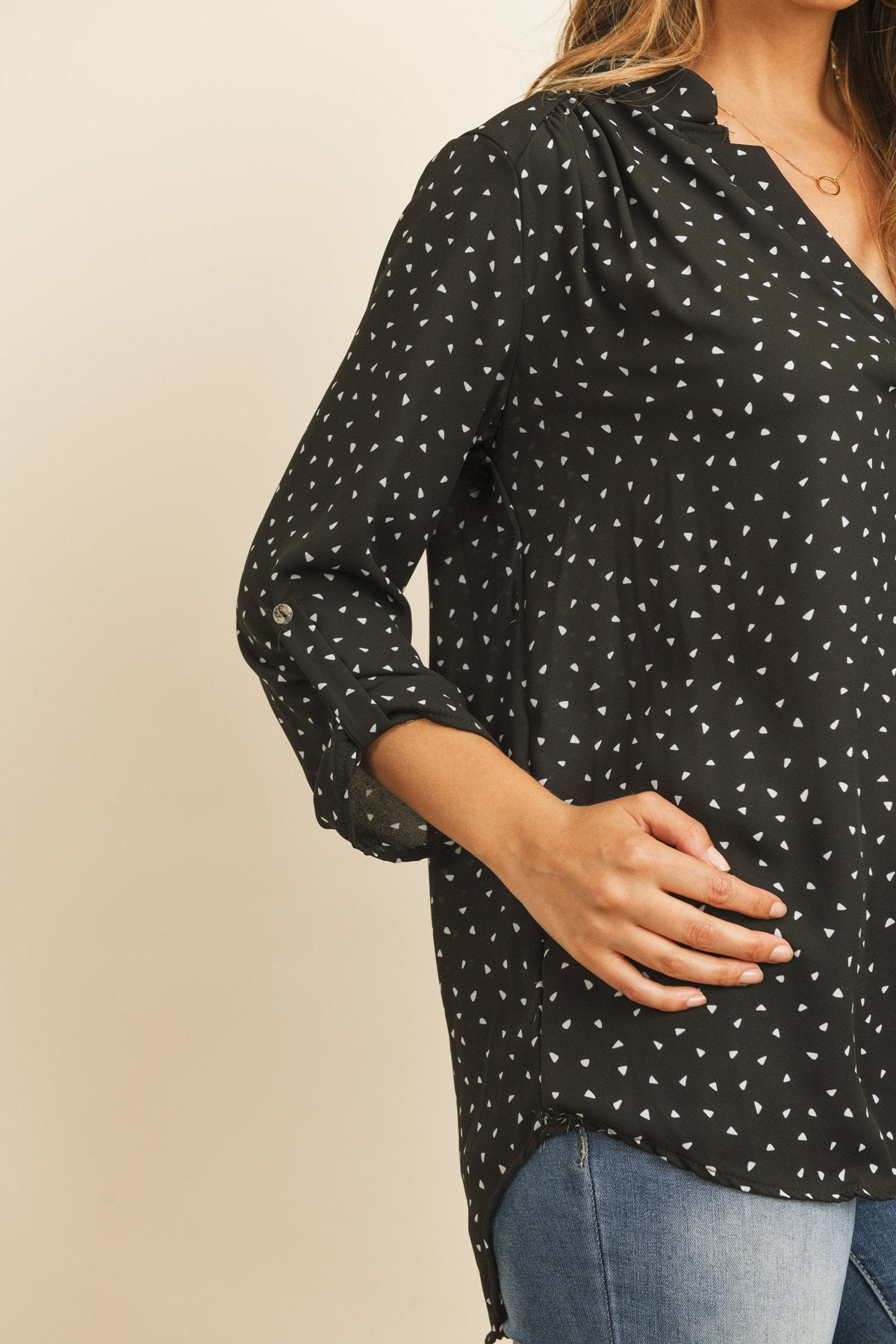 Tab Sleeve Triangle Print Blouse
