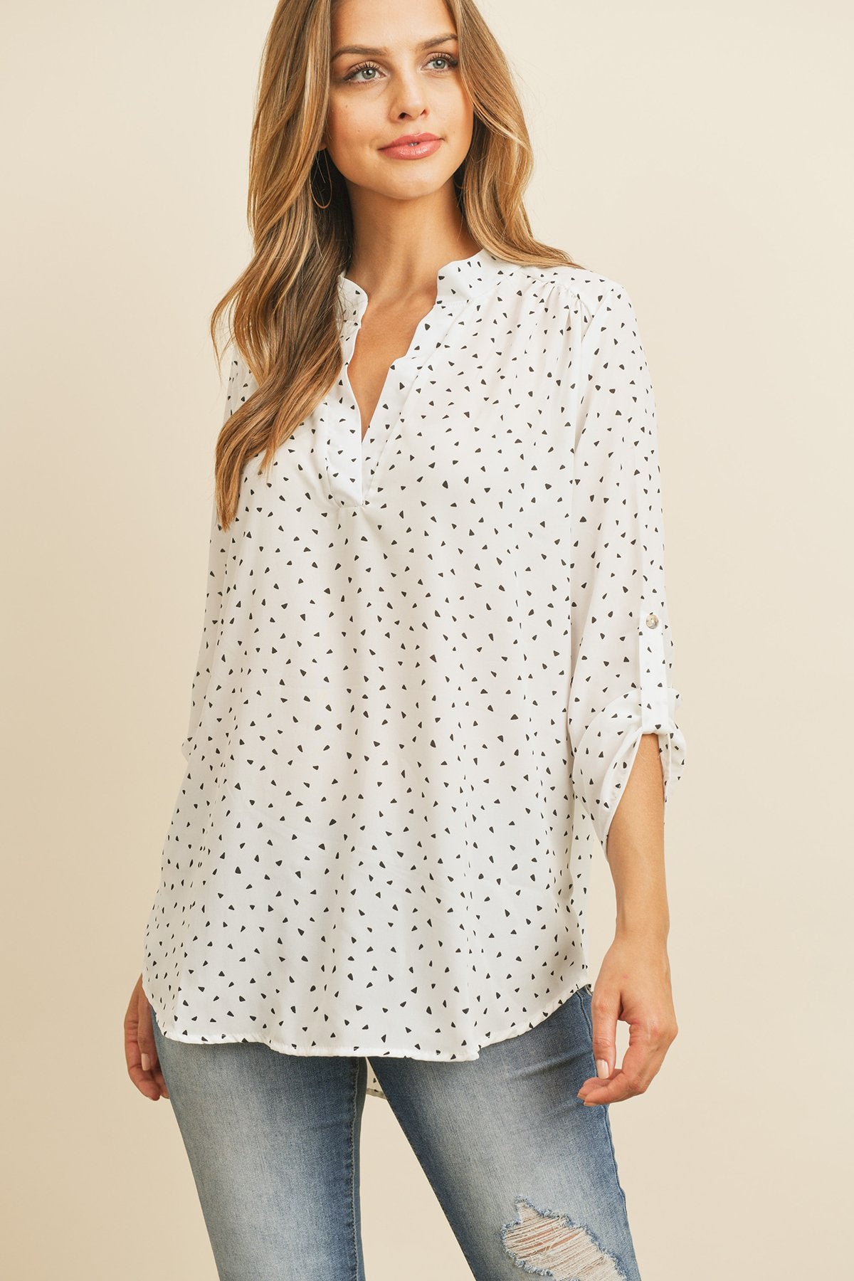 Tab Sleeve Triangle Print Blouse