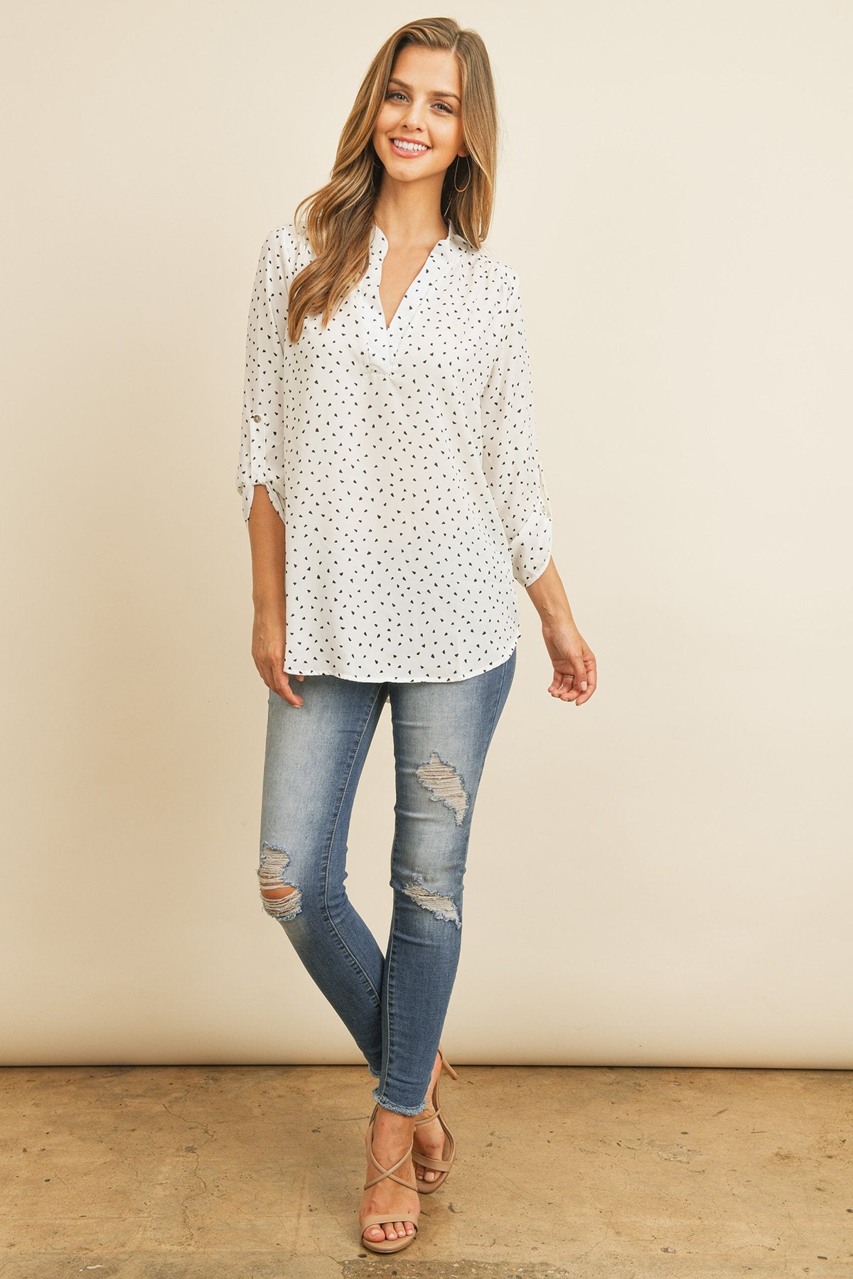 Tab Sleeve Triangle Print Blouse