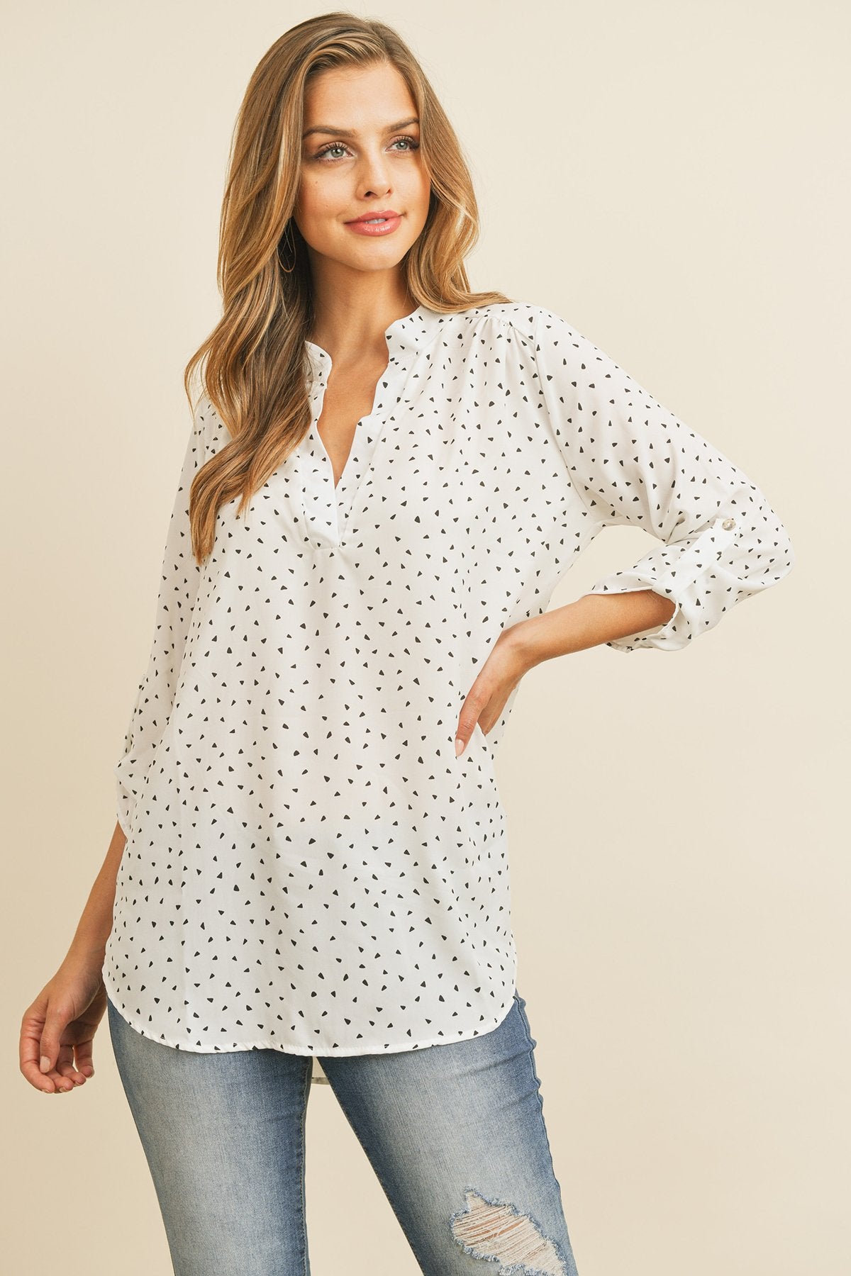 Tab Sleeve Triangle Print Blouse
