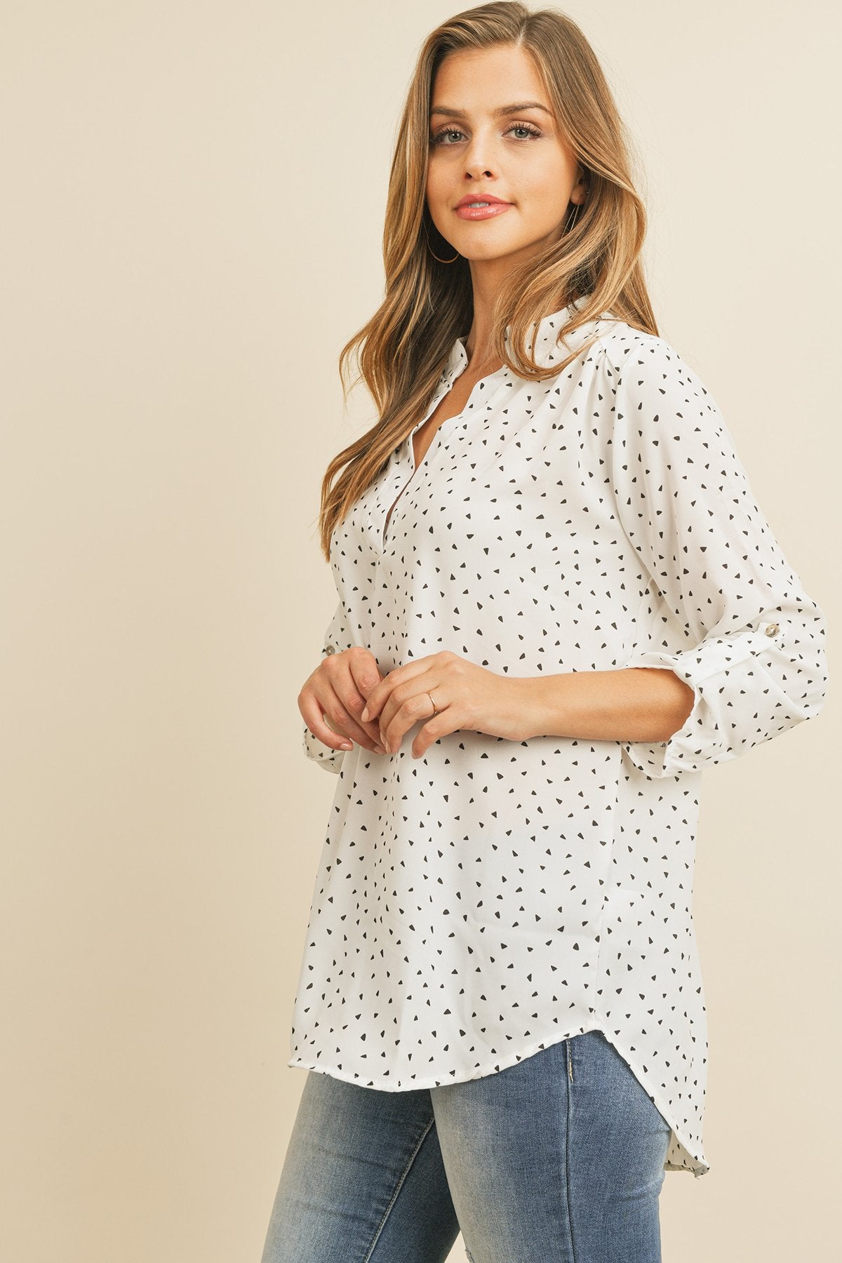 Tab Sleeve Triangle Print Blouse