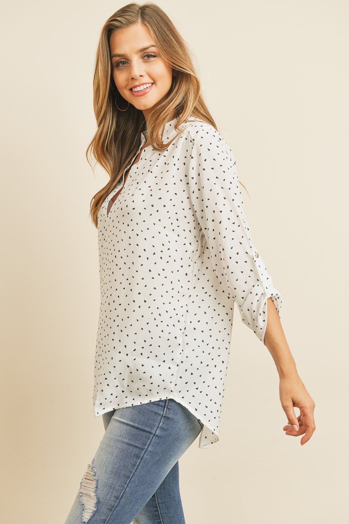 Tab Sleeve Triangle Print Blouse