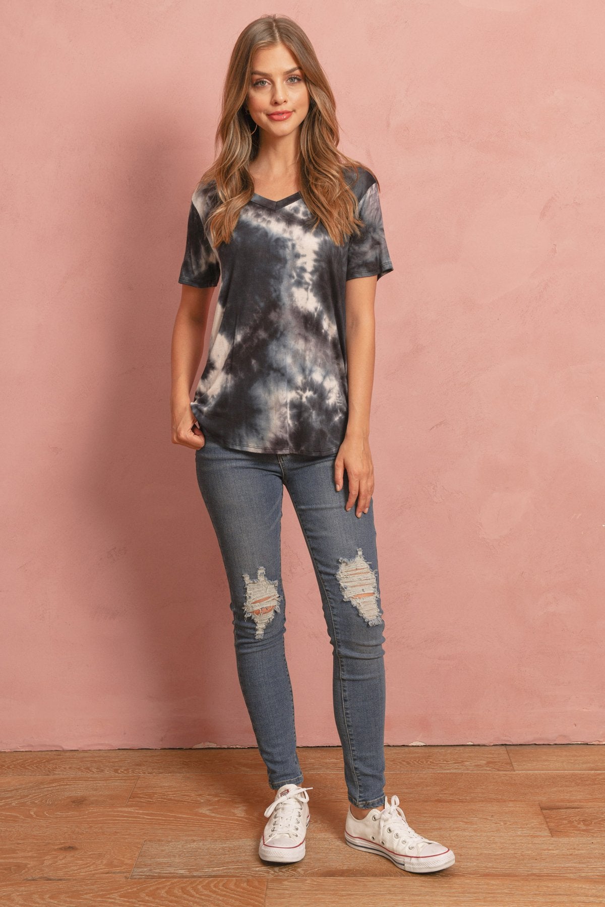 Tie Dye  V-Neck Round Hem Top