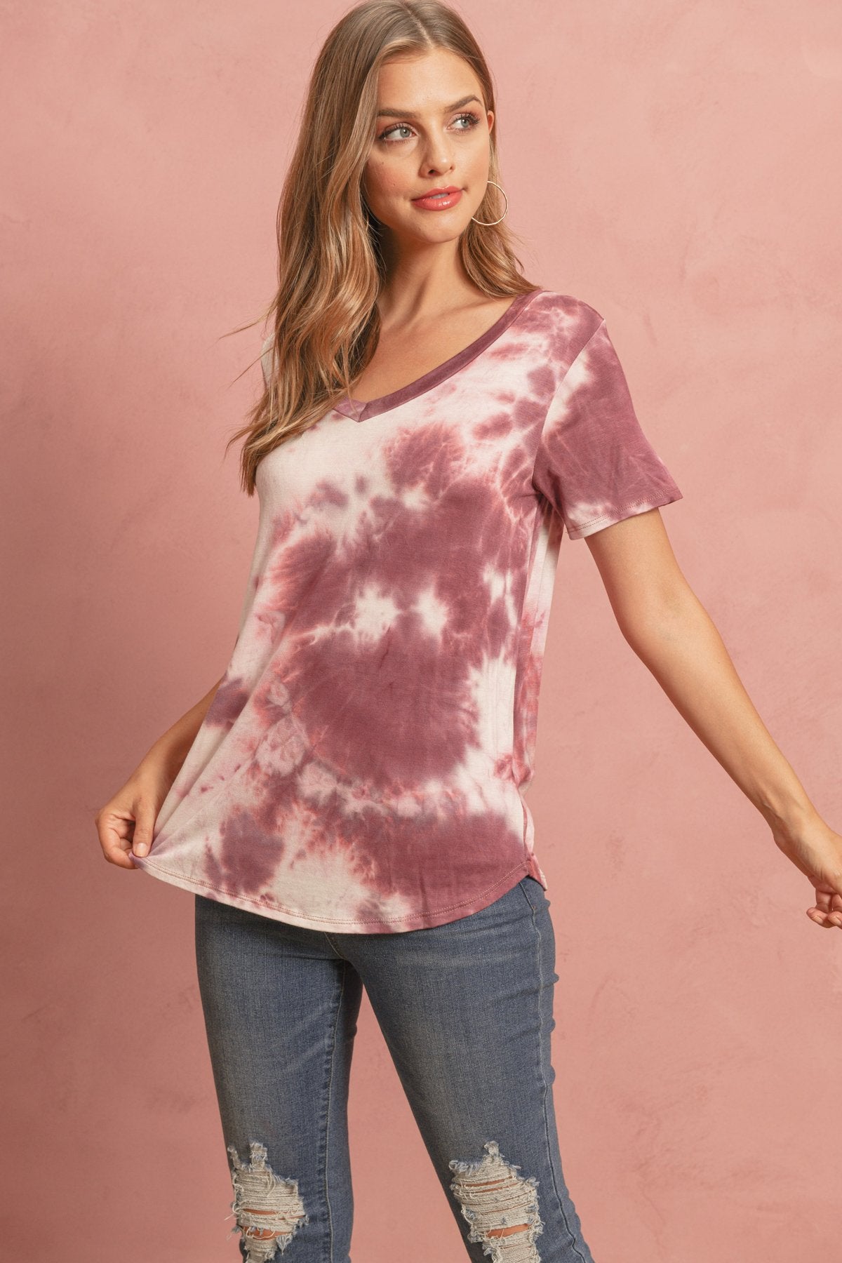 Tie Dye  V-Neck Round Hem Top