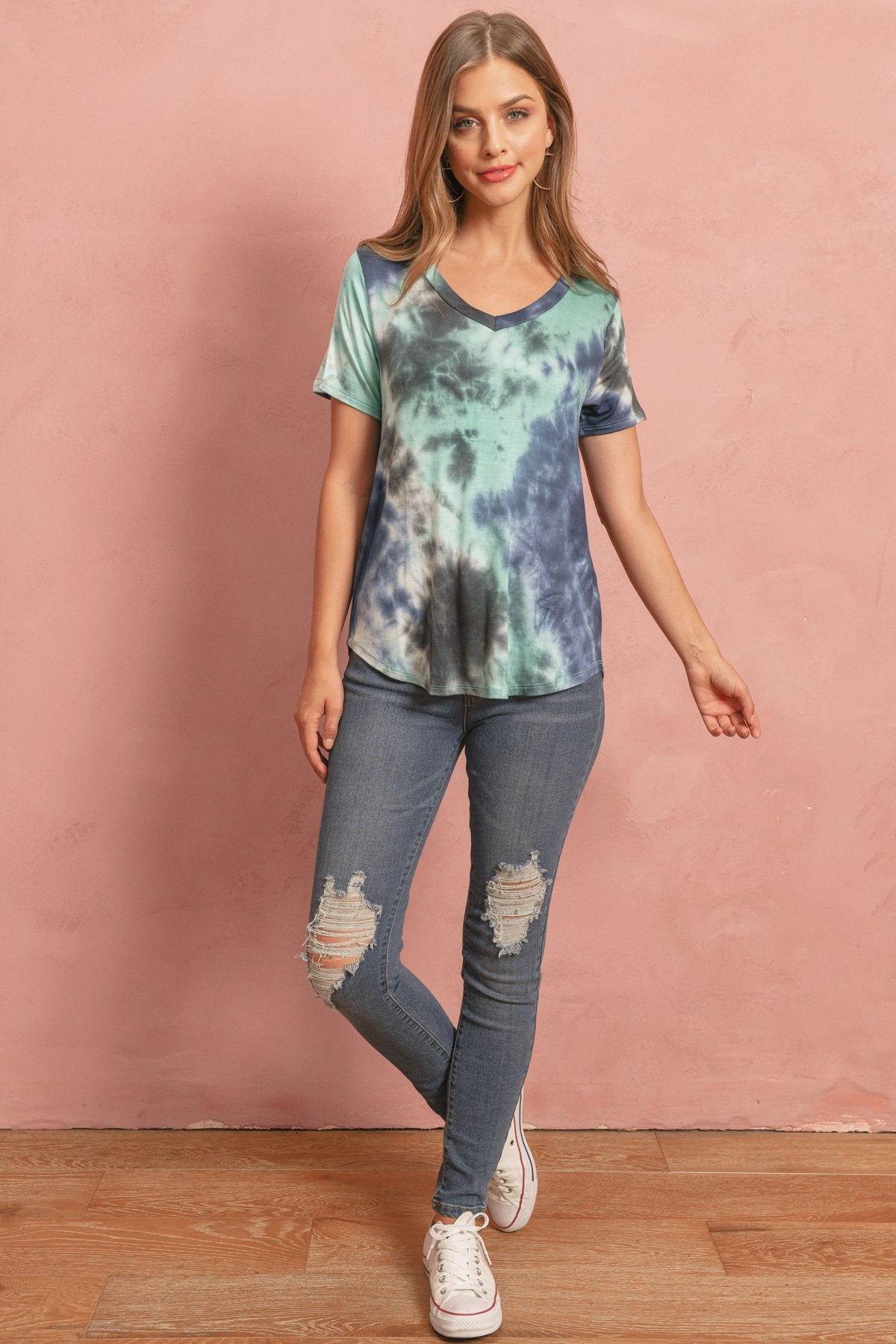 Tie Dye  V-Neck Round Hem Top