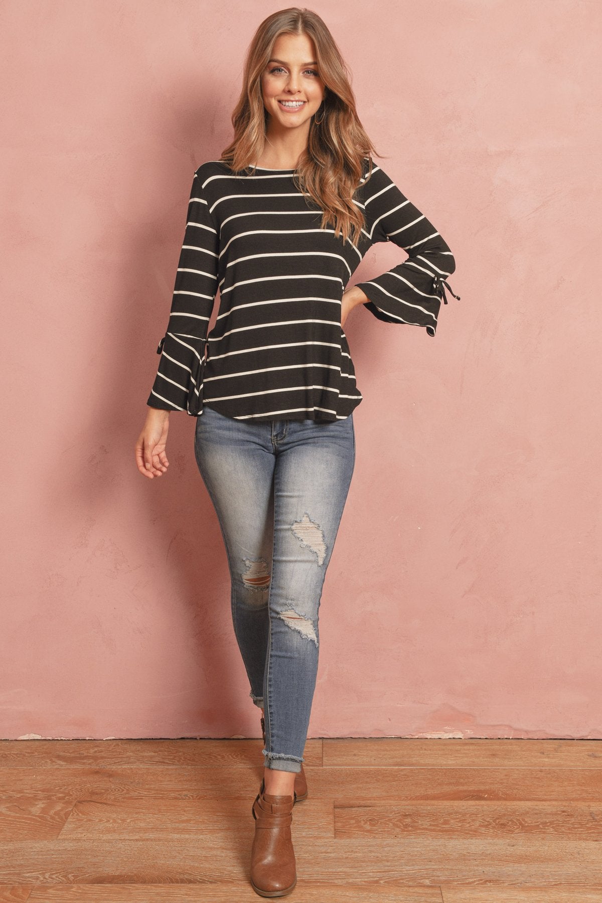 Stripe Flutter Sleeve Tie Top