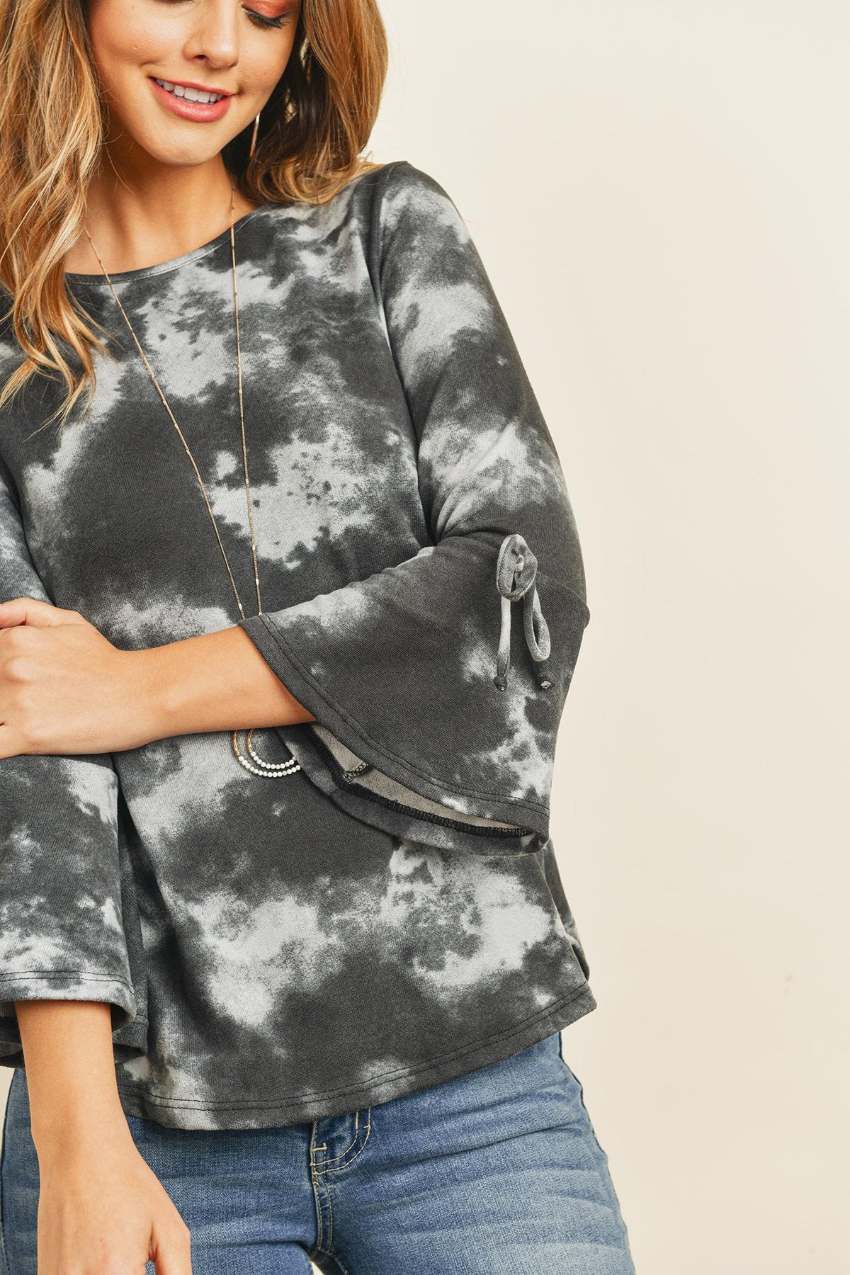 Tie Dye Bell Sleeved Ribbon Detail Swing Top