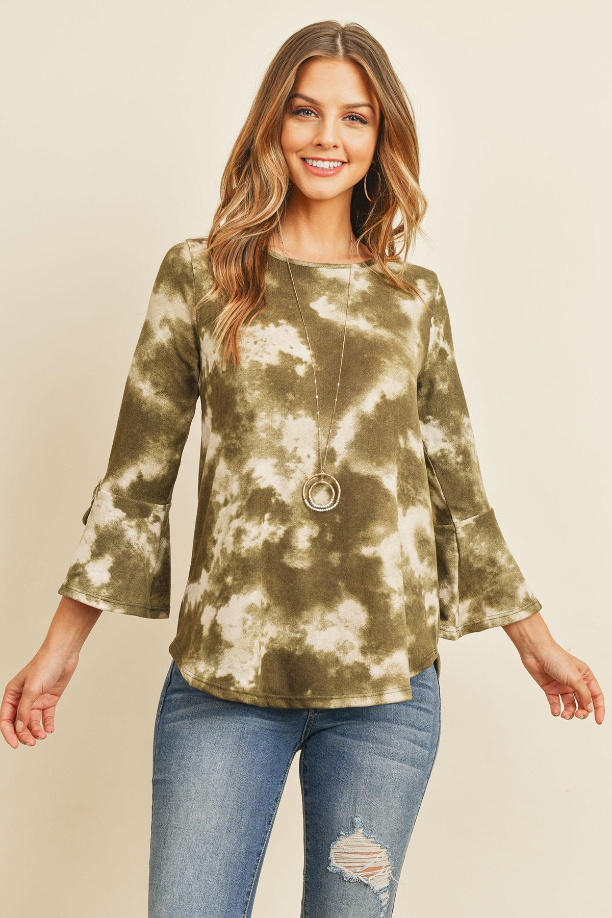 Tie Dye Bell Sleeved Ribbon Detail Swing Top