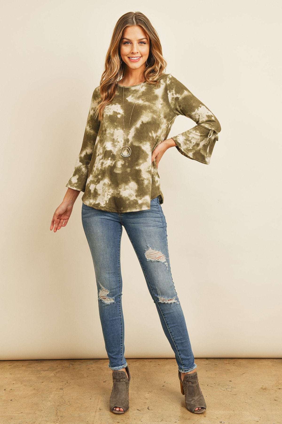 Tie Dye Bell Sleeved Ribbon Detail Swing Top