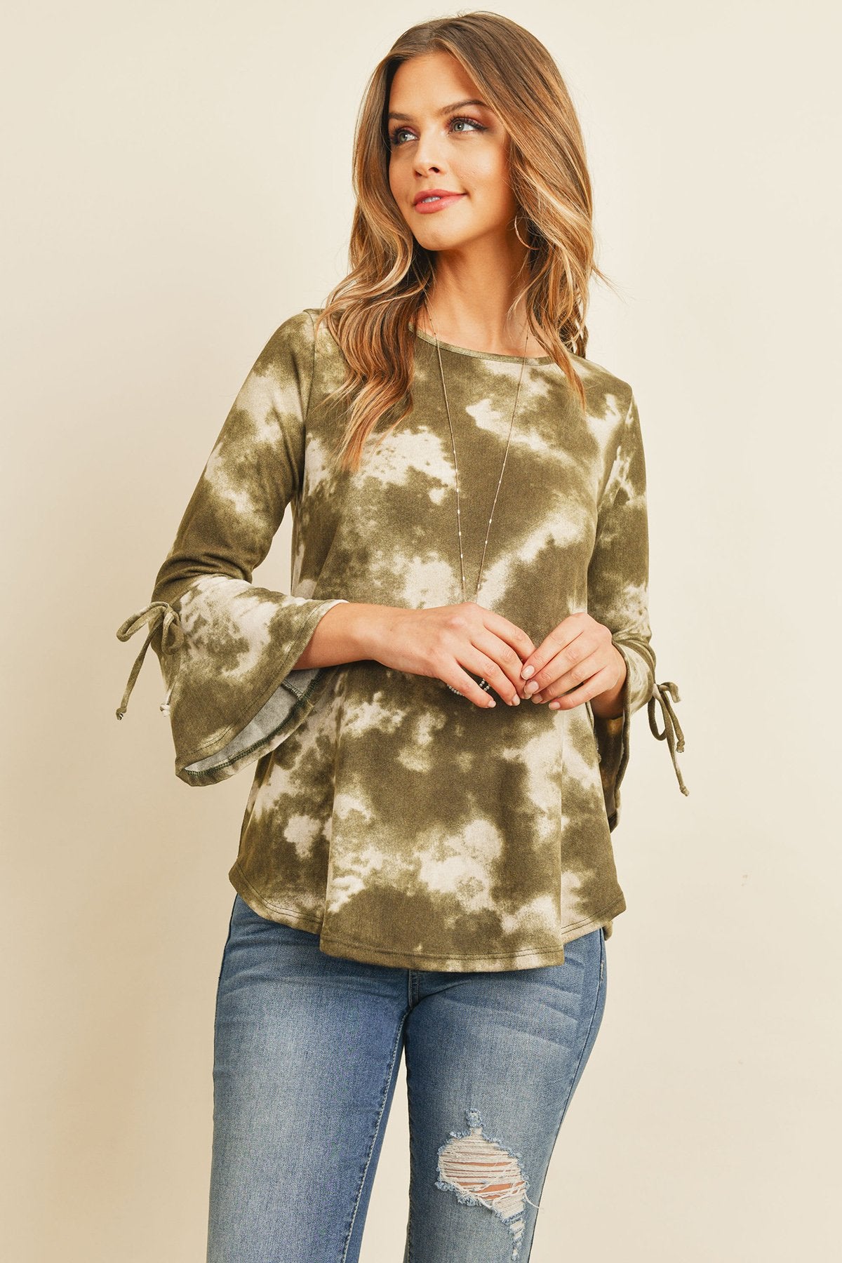 Tie Dye Bell Sleeved Ribbon Detail Swing Top