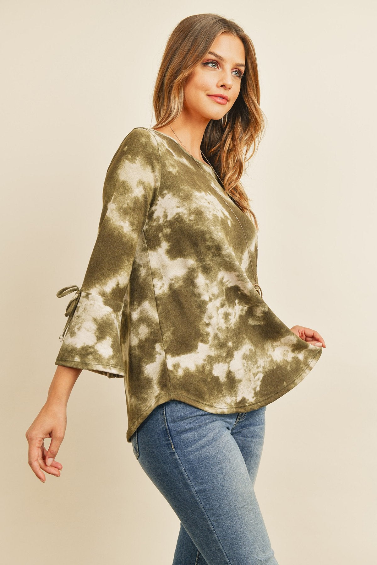 Tie Dye Bell Sleeved Ribbon Detail Swing Top
