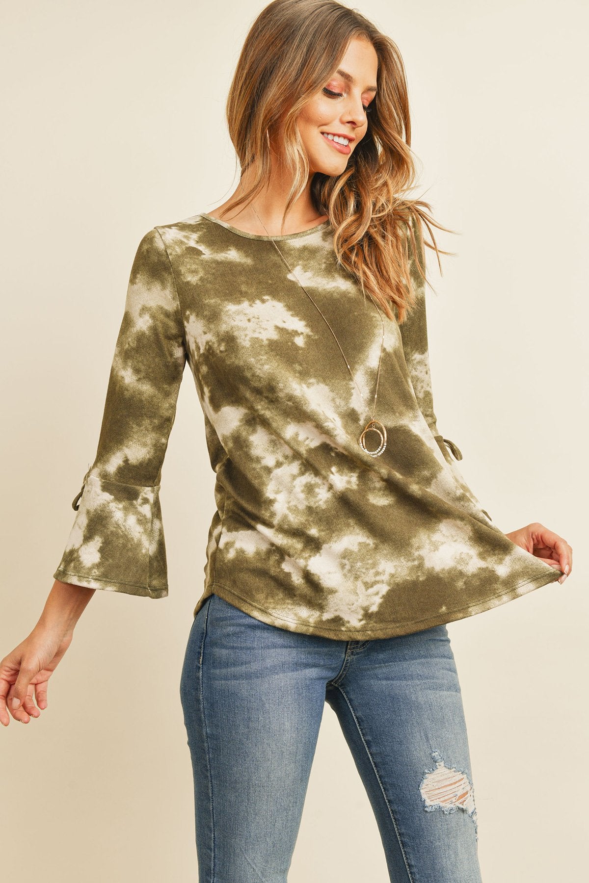 Tie Dye Bell Sleeved Ribbon Detail Swing Top