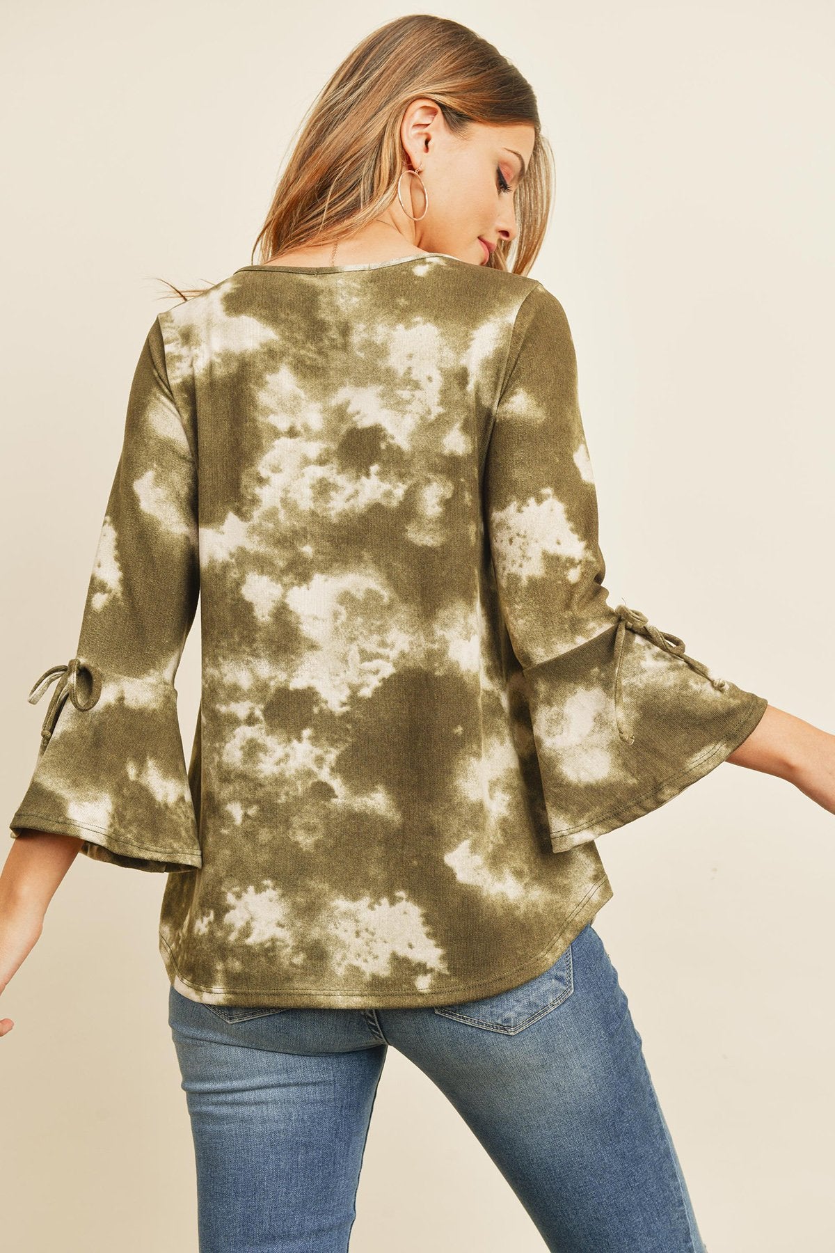 Tie Dye Bell Sleeved Ribbon Detail Swing Top