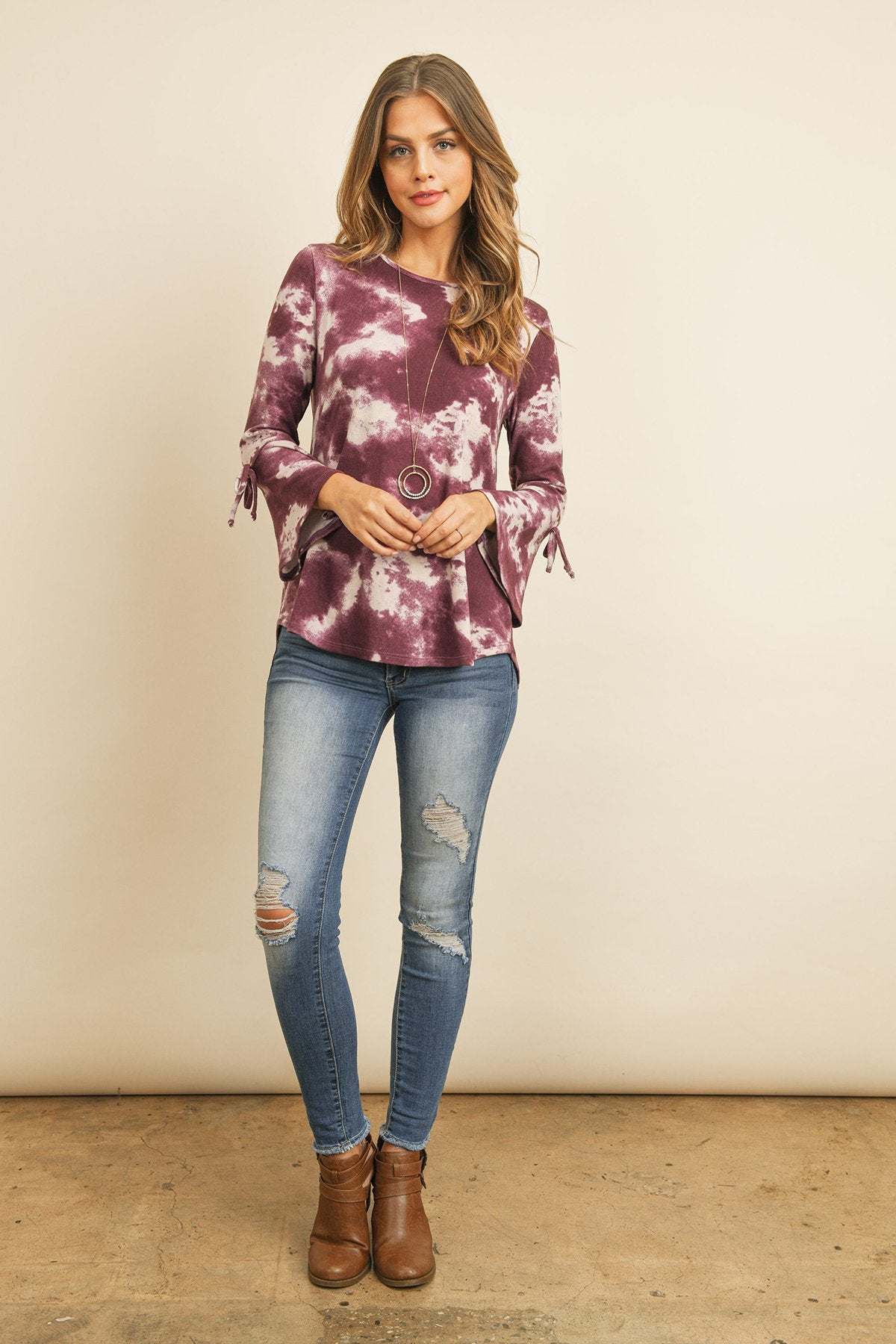 Tie Dye Bell Sleeved Ribbon Detail Swing Top