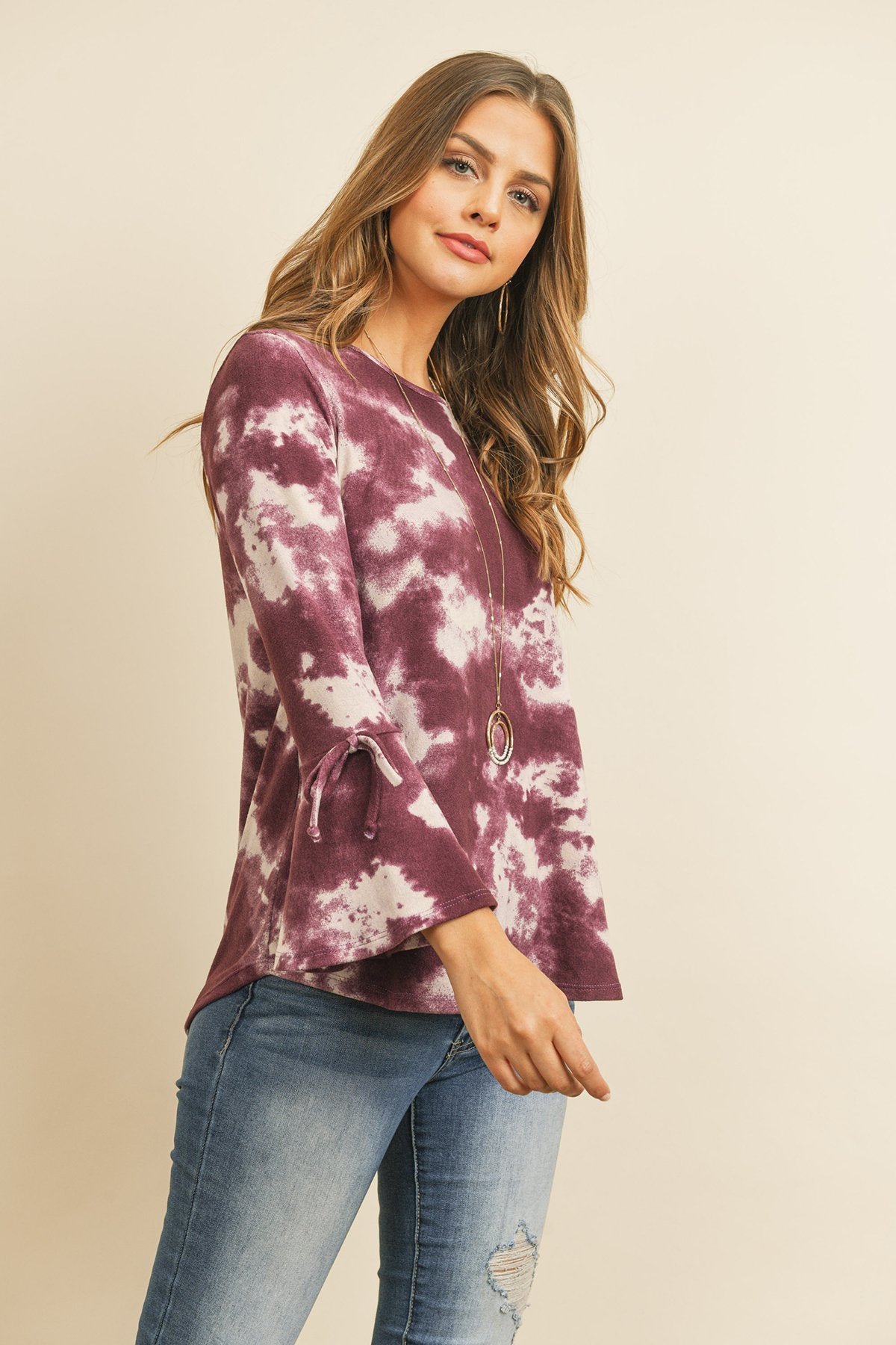 Tie Dye Bell Sleeved Ribbon Detail Swing Top