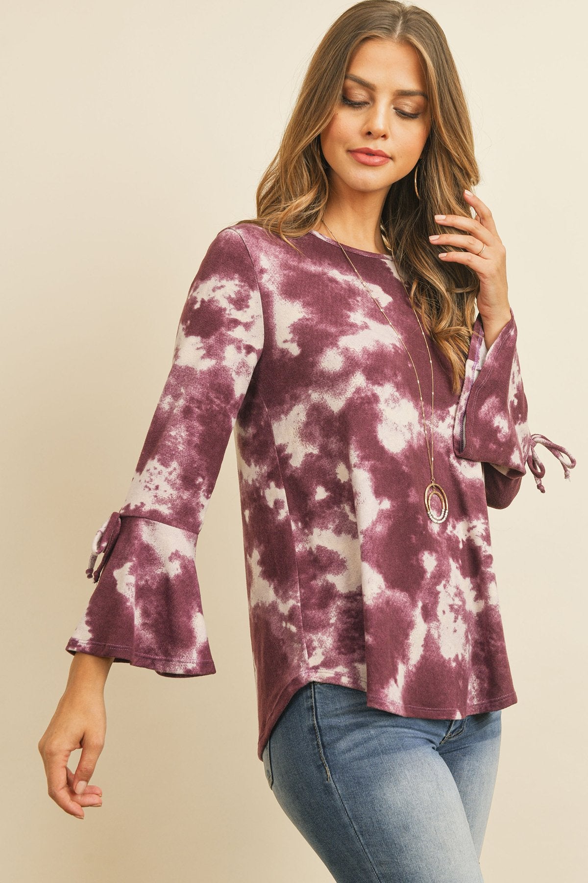 Tie Dye Bell Sleeved Ribbon Detail Swing Top