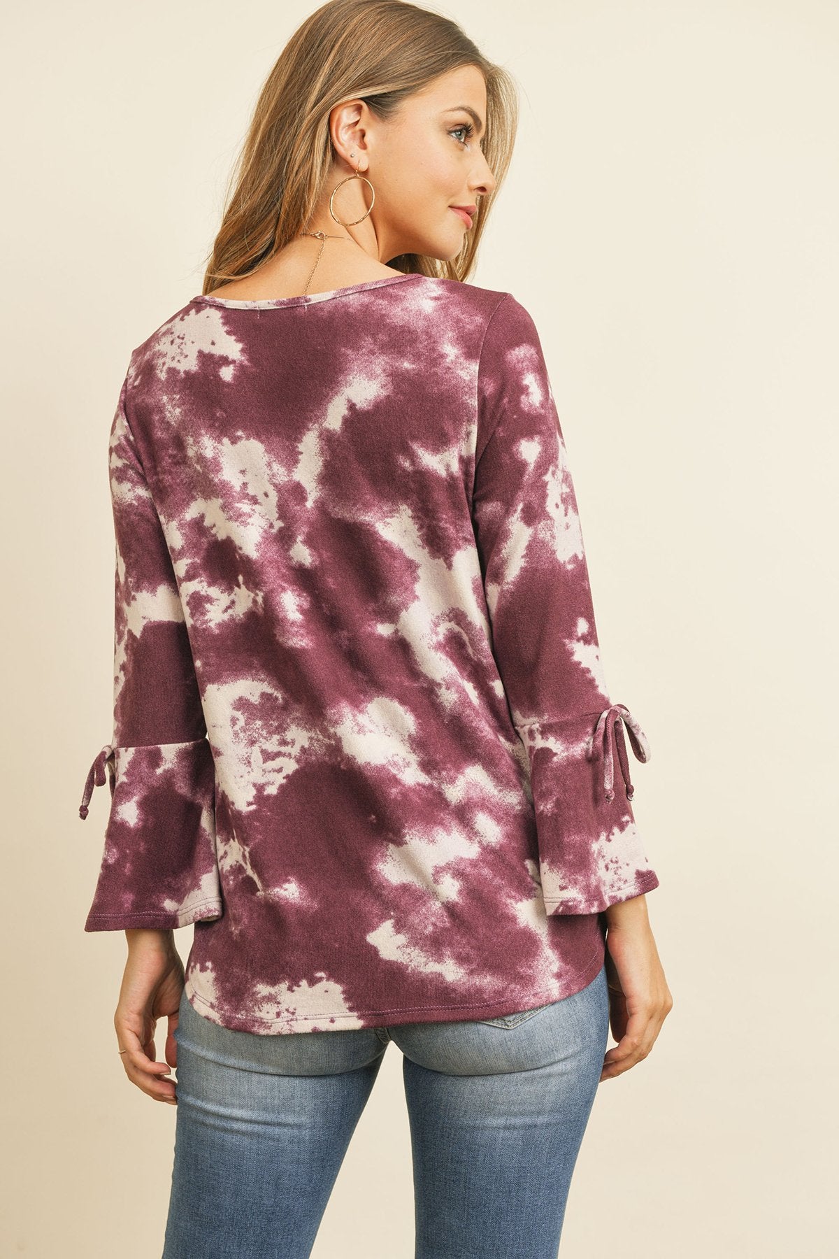 Tie Dye Bell Sleeved Ribbon Detail Swing Top