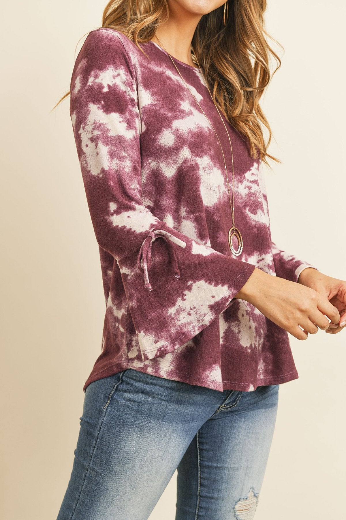 Tie Dye Bell Sleeved Ribbon Detail Swing Top