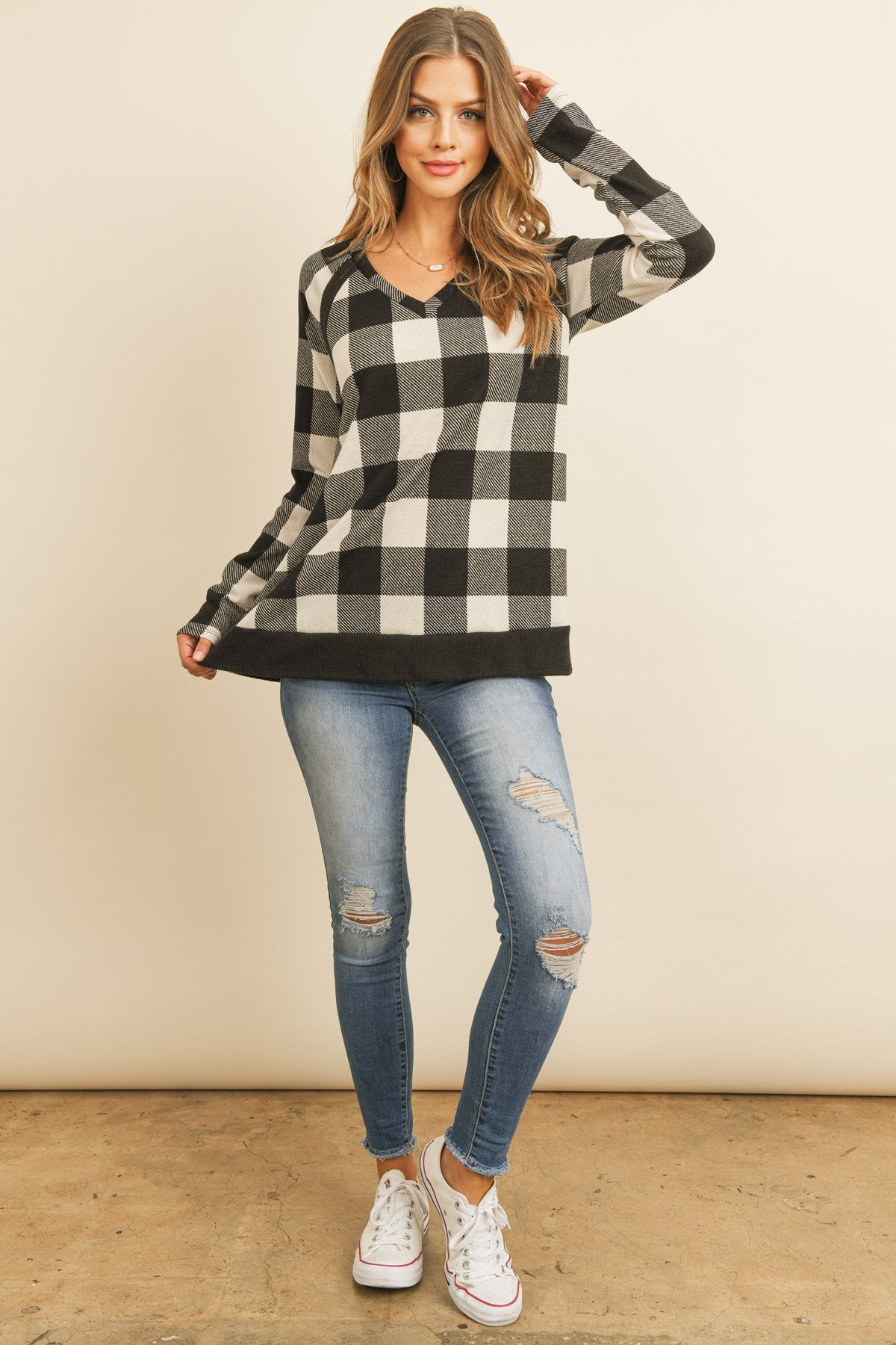 Checker Plaid V-Neck Long Sleeve Top