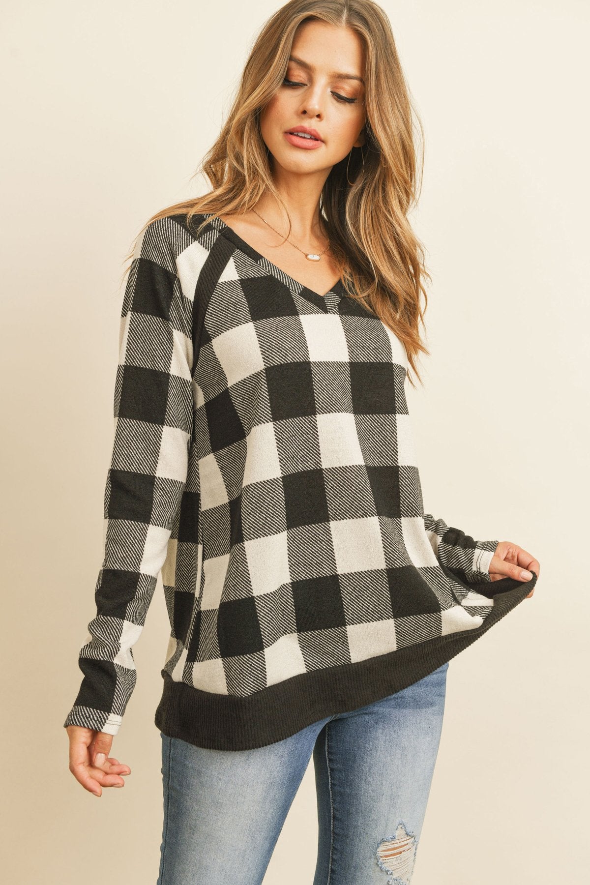 Checker Plaid V-Neck Long Sleeve Top