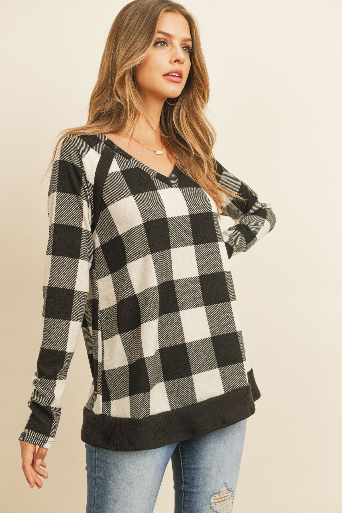 Checker Plaid V-Neck Long Sleeve Top