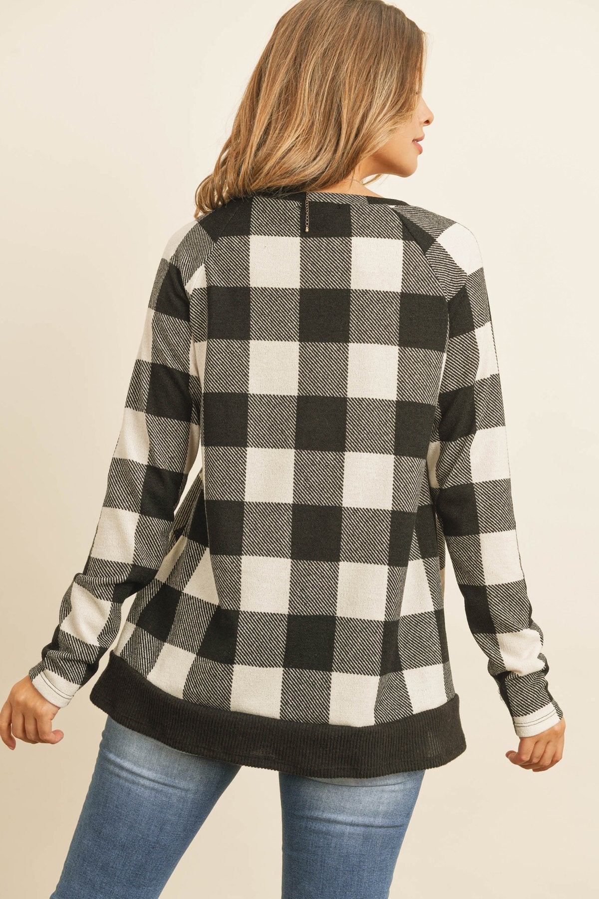 Checker Plaid V-Neck Long Sleeve Top