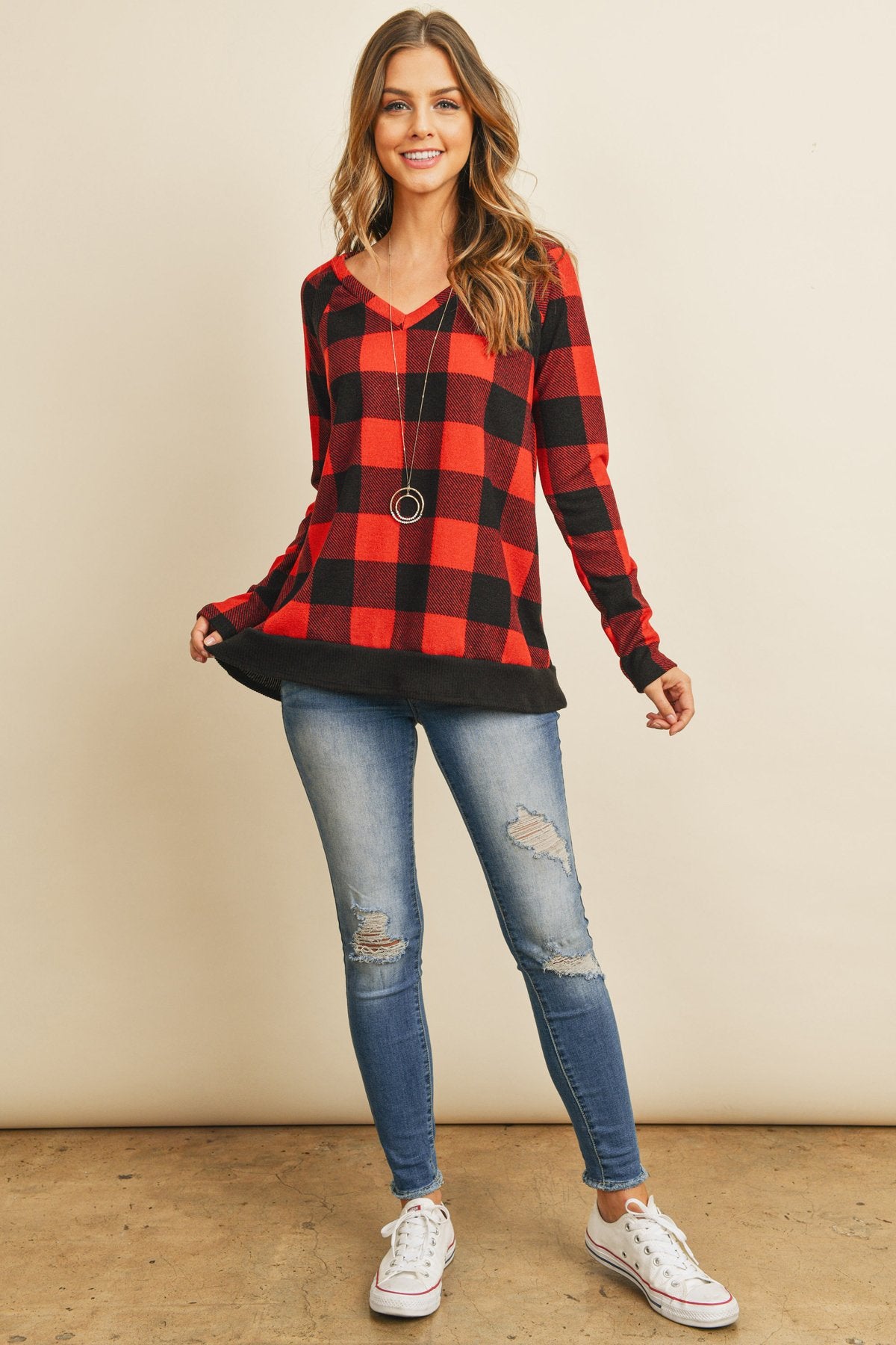 Checker Plaid V-Neck Long Sleeve Top