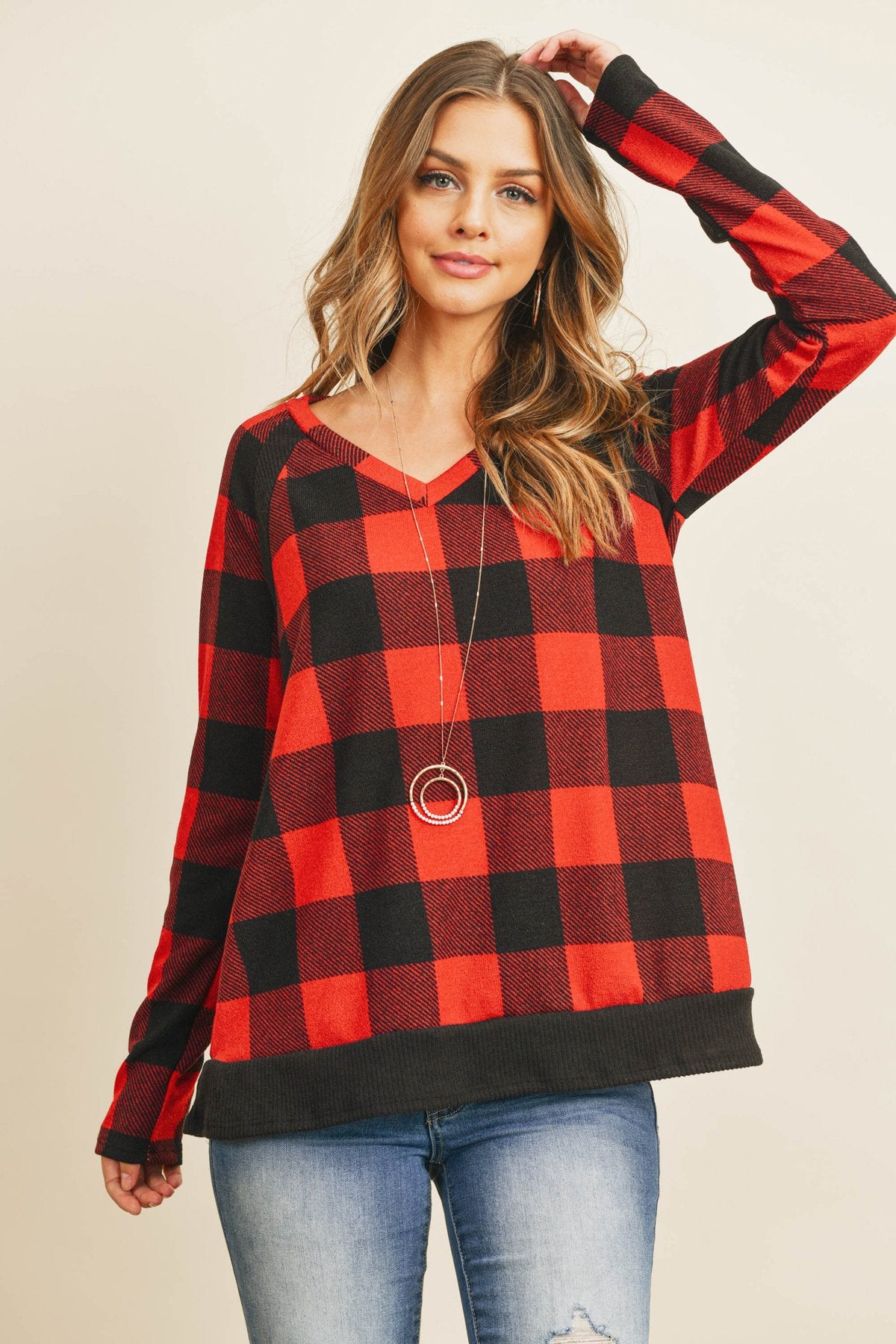 Checker Plaid V-Neck Long Sleeve Top
