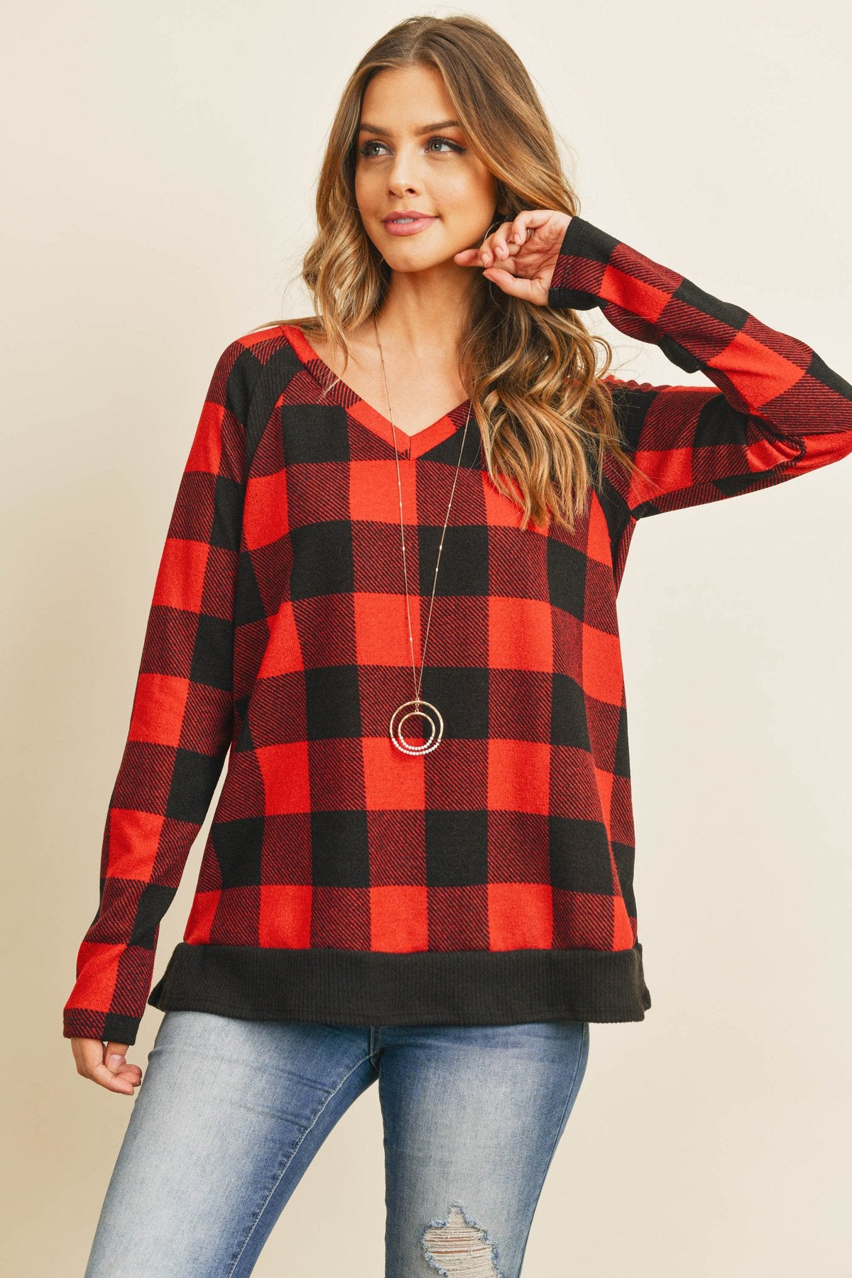 Checker Plaid V-Neck Long Sleeve Top