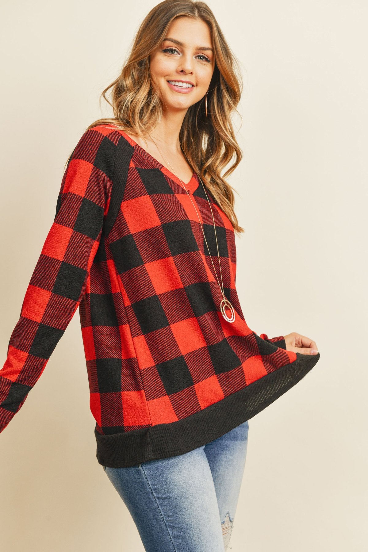 Checker Plaid V-Neck Long Sleeve Top